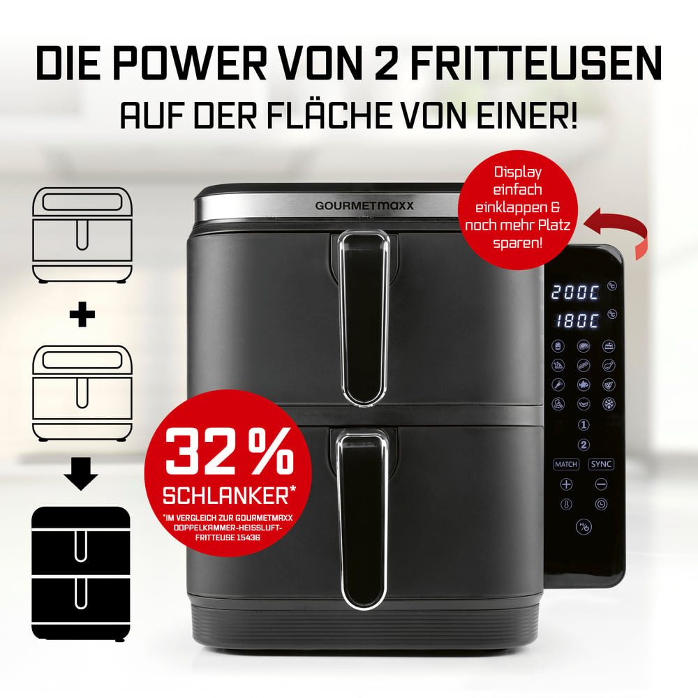 GOURMETmaxx Heißluftfritteuse FryUp Vertikaler Doppelkammer Airfryer 2x 5l, 2800 W, klappbares Touchdisplay, 32% platzsparender, Fassungsvermögen 10L