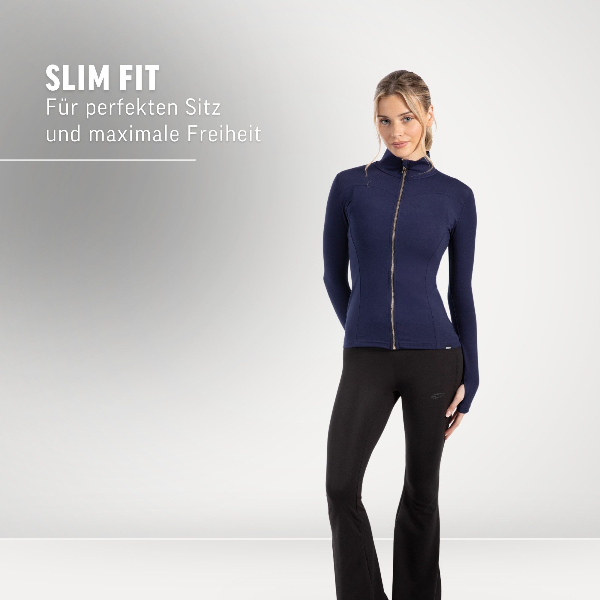 Smilodox Trainingsjacke Kenna Gold, Figurbetonte Sportjacke mit 3D Rubber Print, Stehkragen Goldener Reißverschluss formende Nähte atmungsaktive Laufjacke