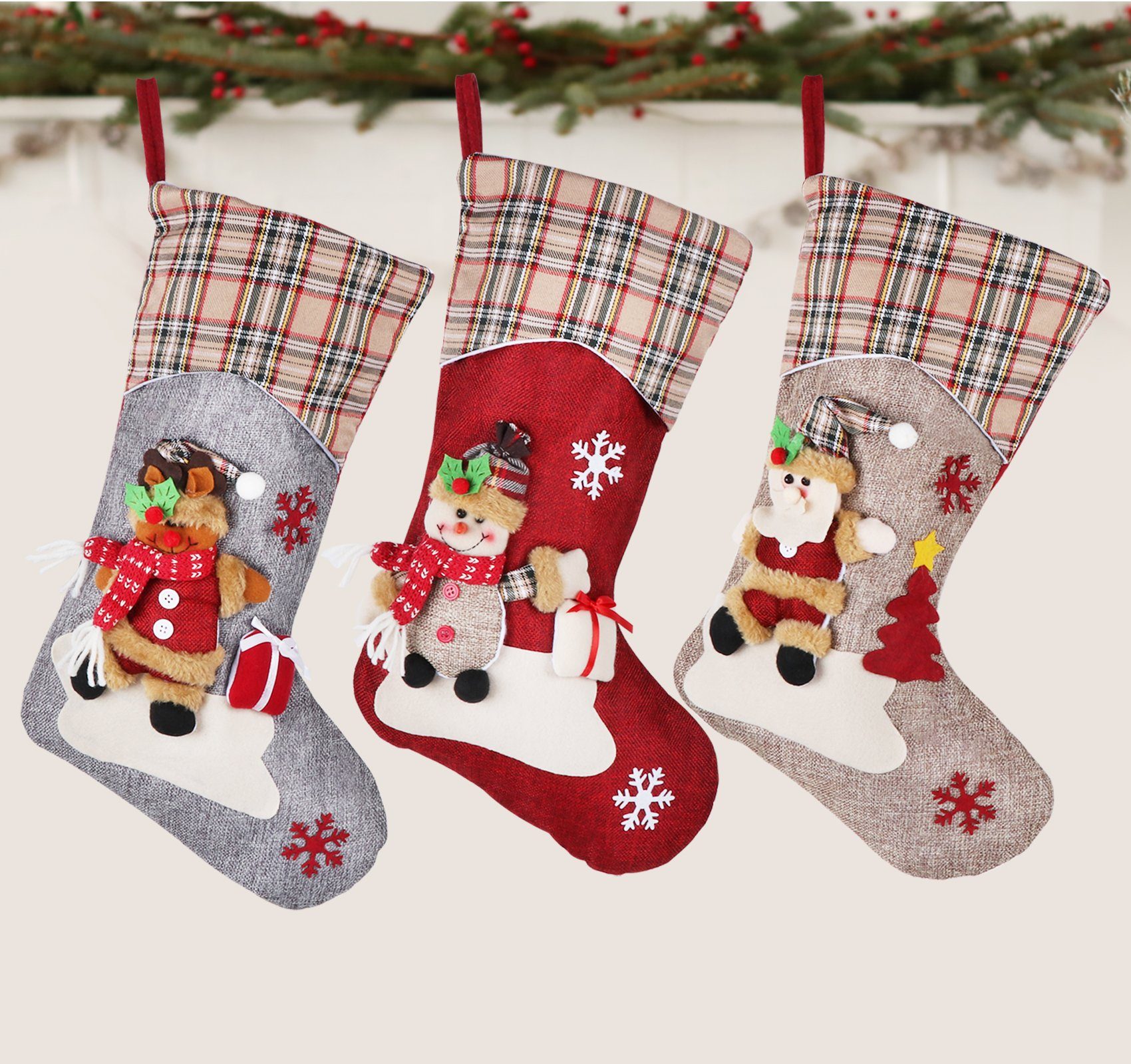 Christbaumschmuck Socken Geschenktasche Weihnachtsstrumpf Nikolausstrumpf Weihnachtsdekor Homewit Perfekt (3-tlg), Sackleinen