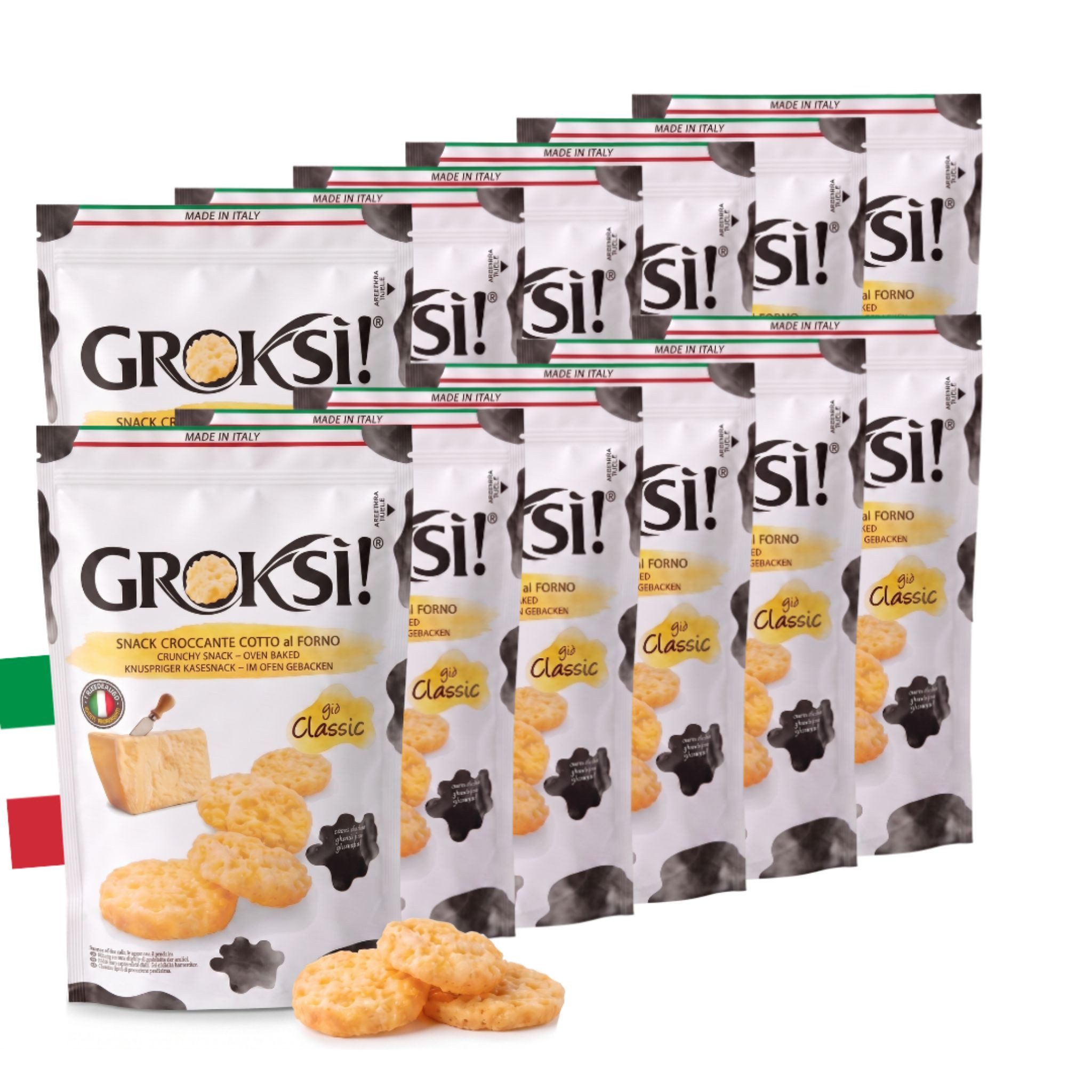 Groksi! Knabberei GROKSi! Käse-Snack Classico 12x 60g, 12 x 60 g, (Classico 12x 60g, Käse-Snack aus Italien, Käse-Cracker, Protein Snack)