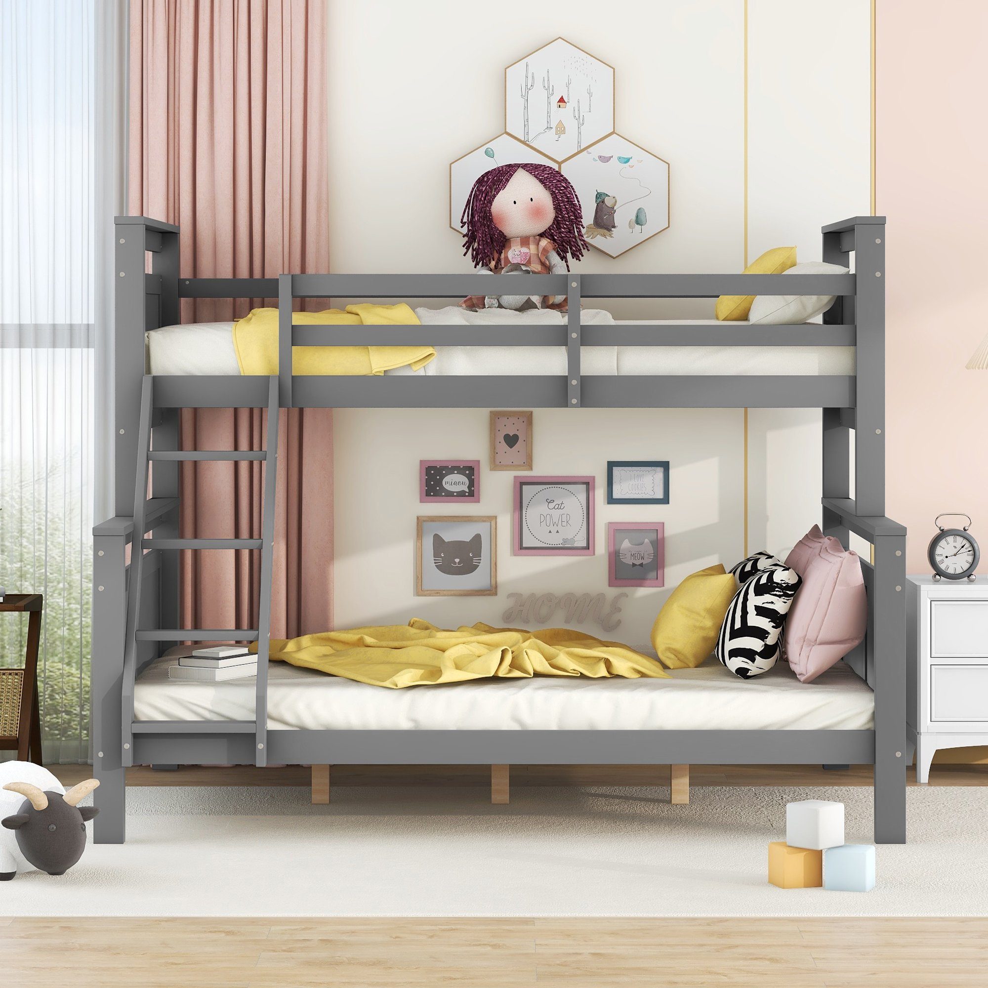 SOFTWEARY Etagenbett mit 2 Schlafgelegenheiten und Lattenrost (90x200 cm/140x200 cm), Kinderbett mit Rausfallschutz und Leiter, Kiefer