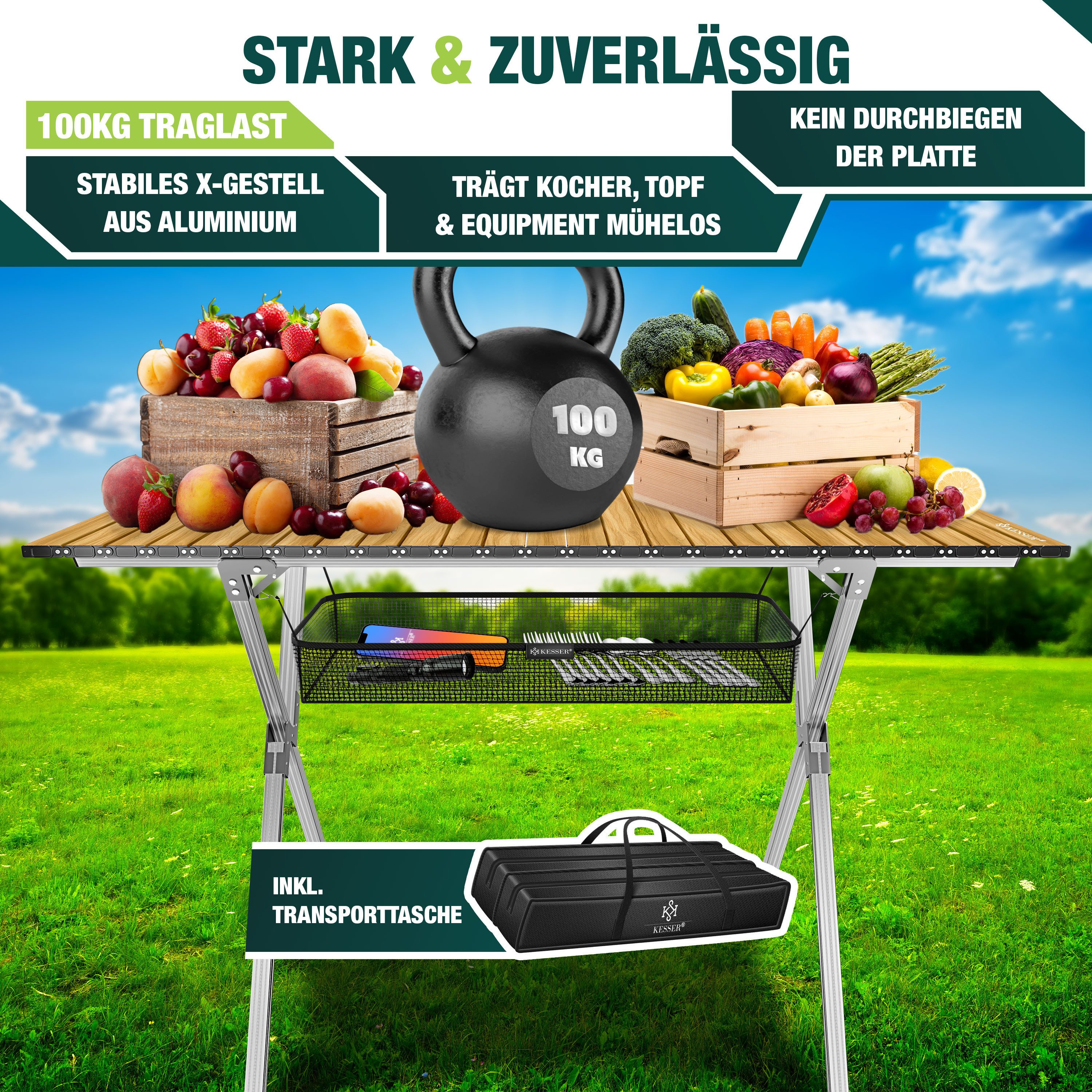 KESSER Campingtisch Klapptisch faltbar mit aufrollbarer Tischplatte (145x70cm klappbarer Tisch inkl. Tragetasche mit Trageband & Netztasche), Falttisch mit Alum – Bild 5 von 5