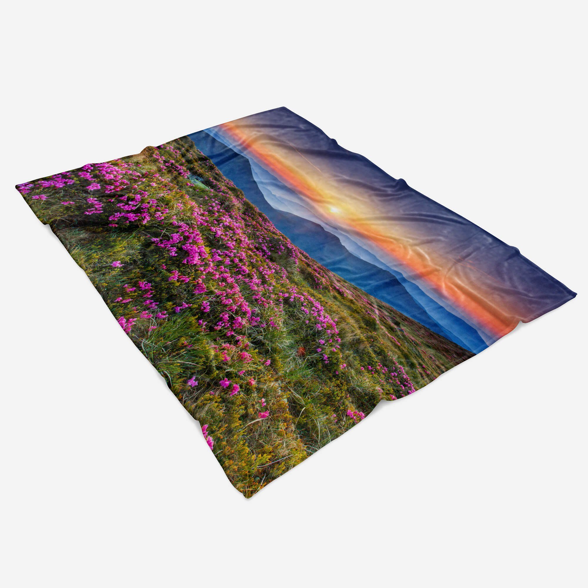 Berglandschaft Fotomotiv Saunatuch Kuscheldecke Baumwolle-Polyester-Mix Handtuch Handtuch Strandhandtuch (1-St), mit Sonnenunterga, Sinus Handtücher Art