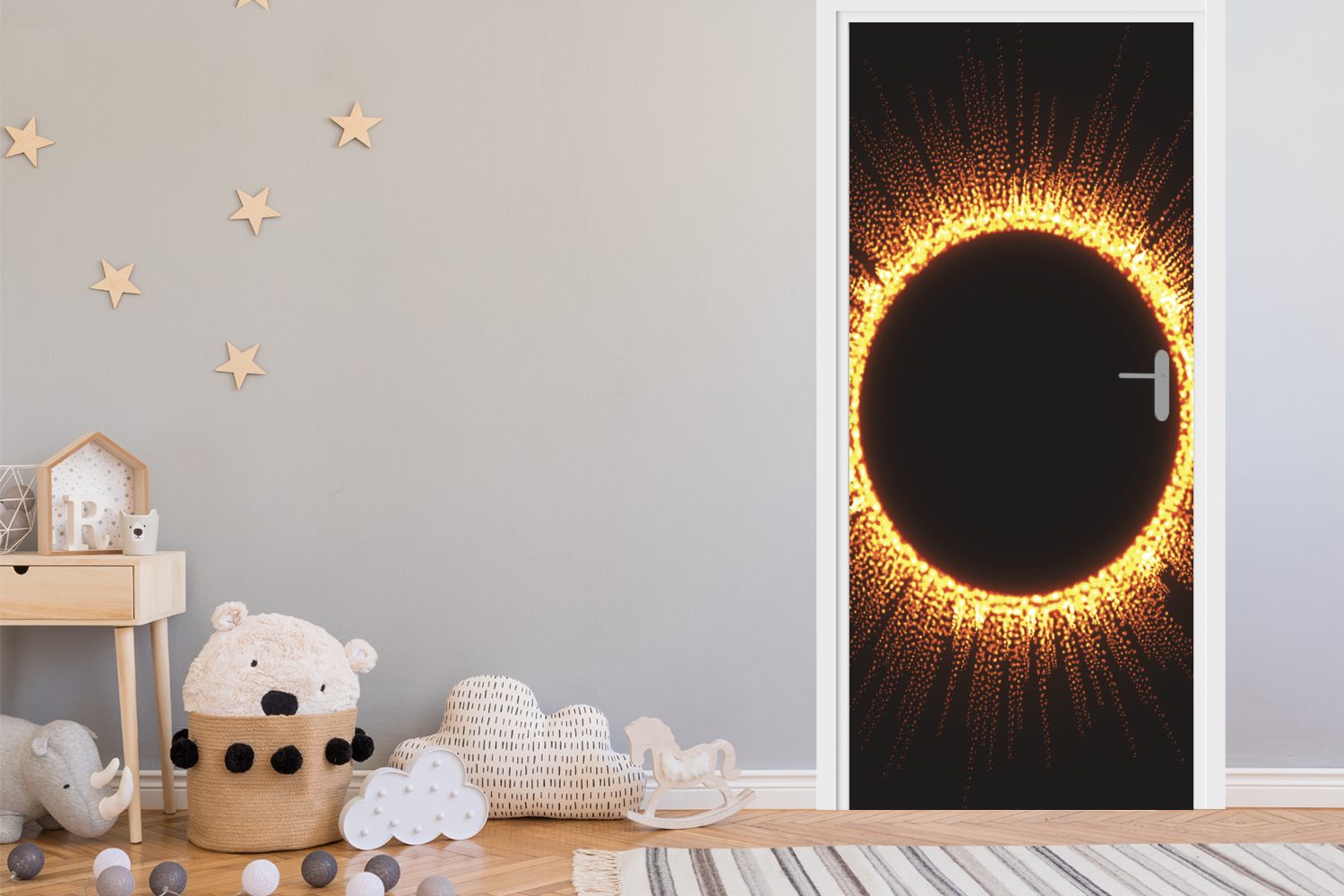 St), feurigen Sonnenfinsternis 75x205 Fototapete einer bedruckt, Tür, Matt, (1 mit Eine für Türtapete Strahlen, Türaufkleber, cm MuchoWow Illustration