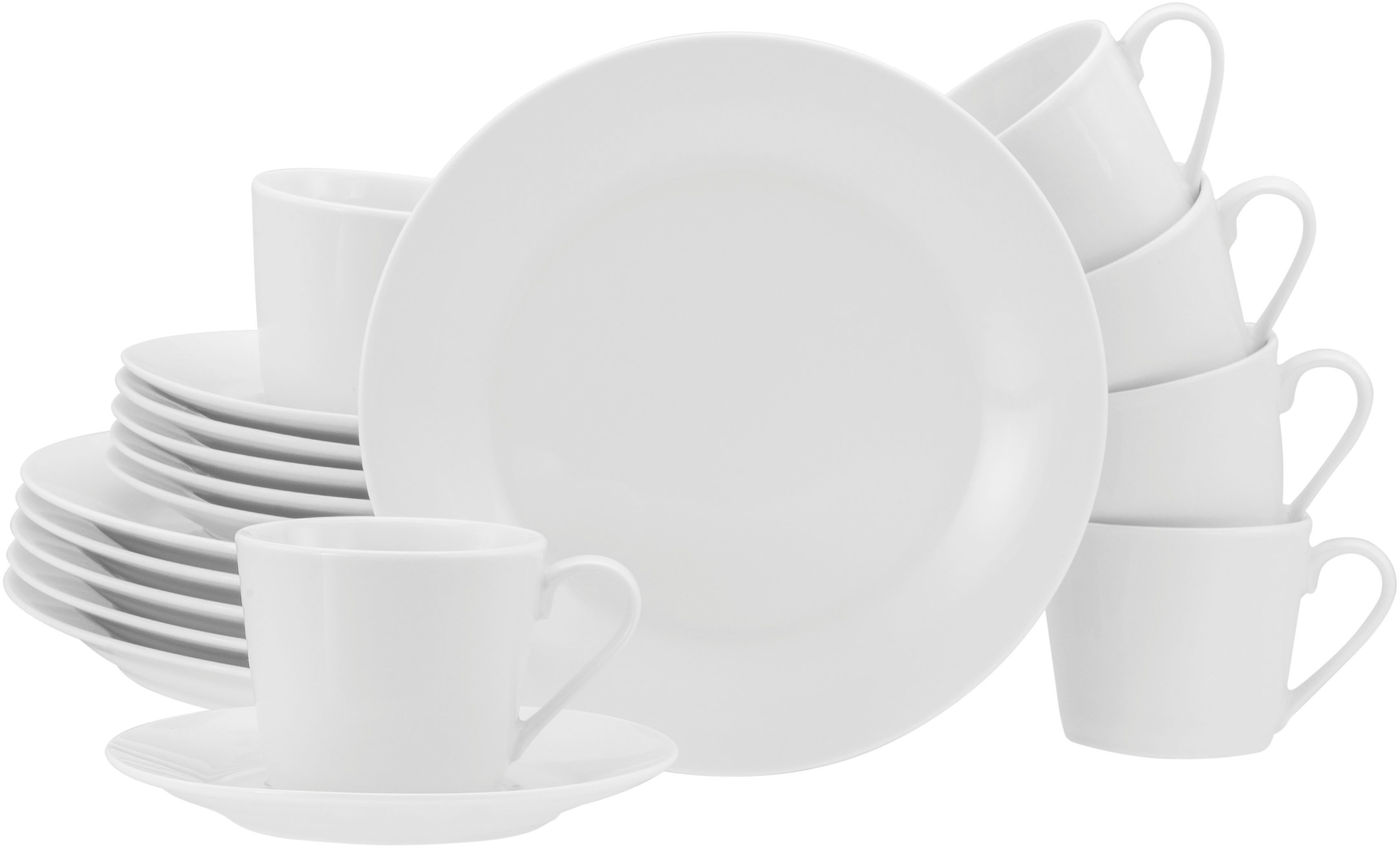 CreaTable Kaffeeservice BASE Weiß, Service 18-tlg. (18-tlg), 6 Personen, Porzellan, Klassisch, Zeitlos, Der Alleskönner