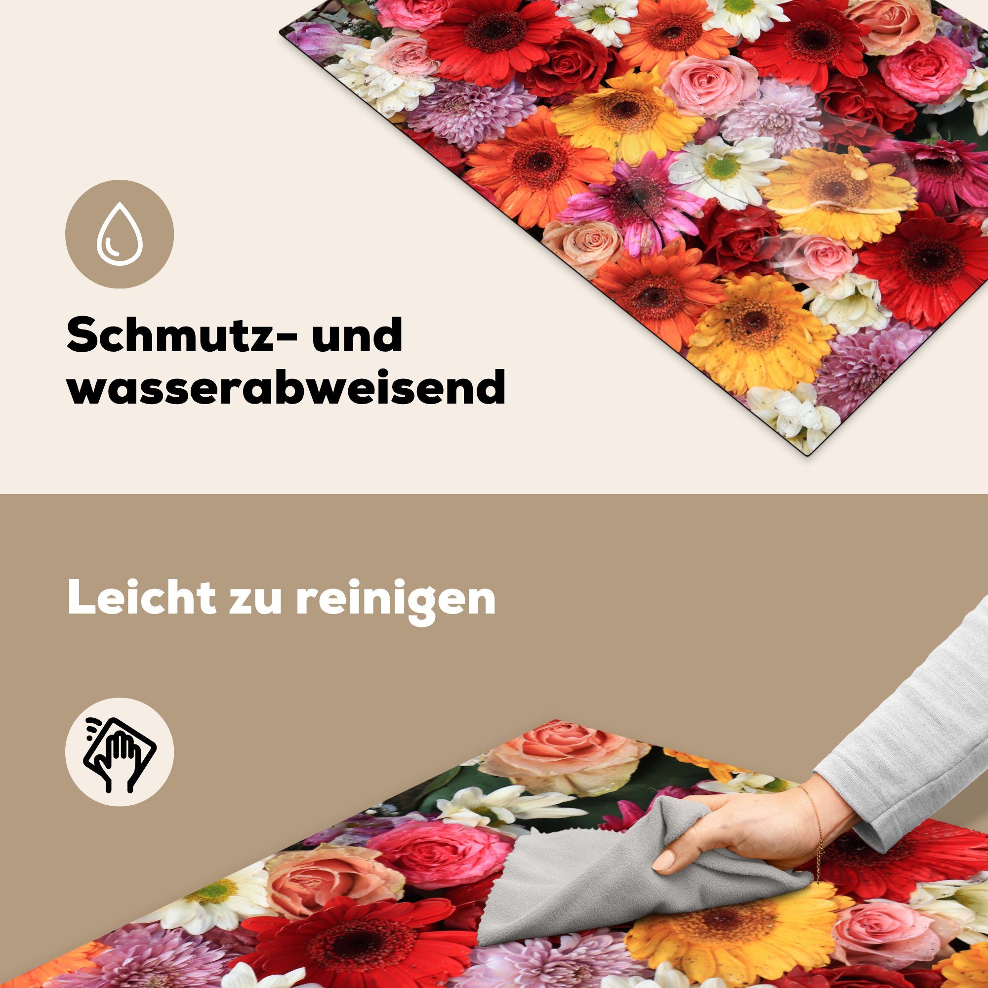 Vinyl, Schutz Rosen, Gerbera tlg), für Herdblende-/Abdeckplatte Ceranfeldabdeckung MuchoWow Farben - (1 die - - 81x52 cm, küche, Blumen Induktionskochfeld
