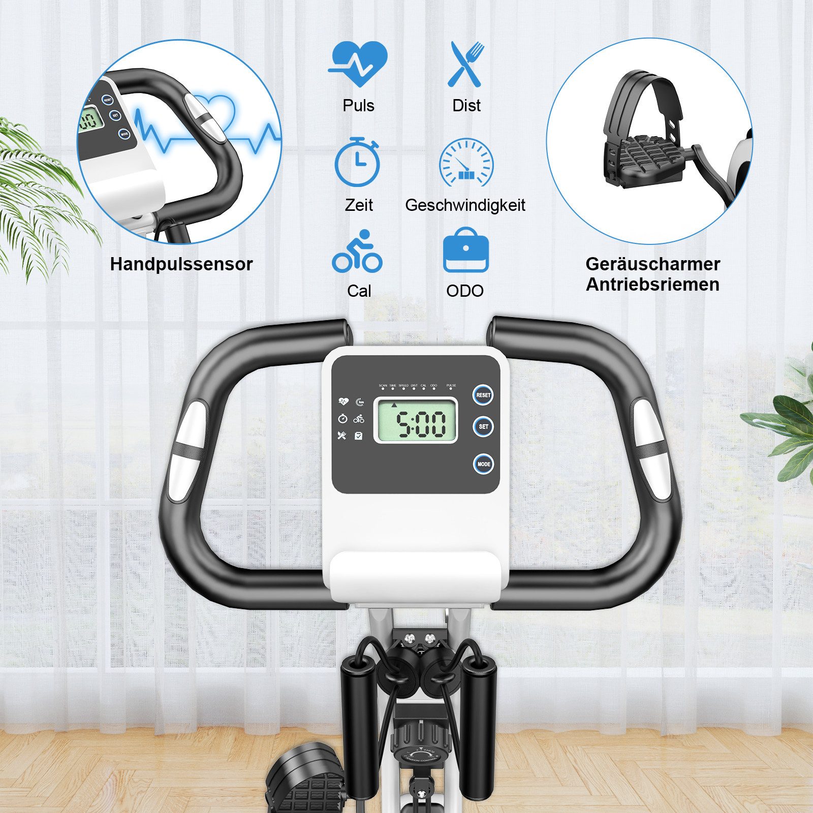 Gywowken Heimtrainer Fitnessbike - Hometrainer Fahrrad Klappbar (klappbarer Heimtrainer, LCD-Display, Handpulssensoren), mit 8 Stufen verstellbarem Magnetwiderstand und Spannseil