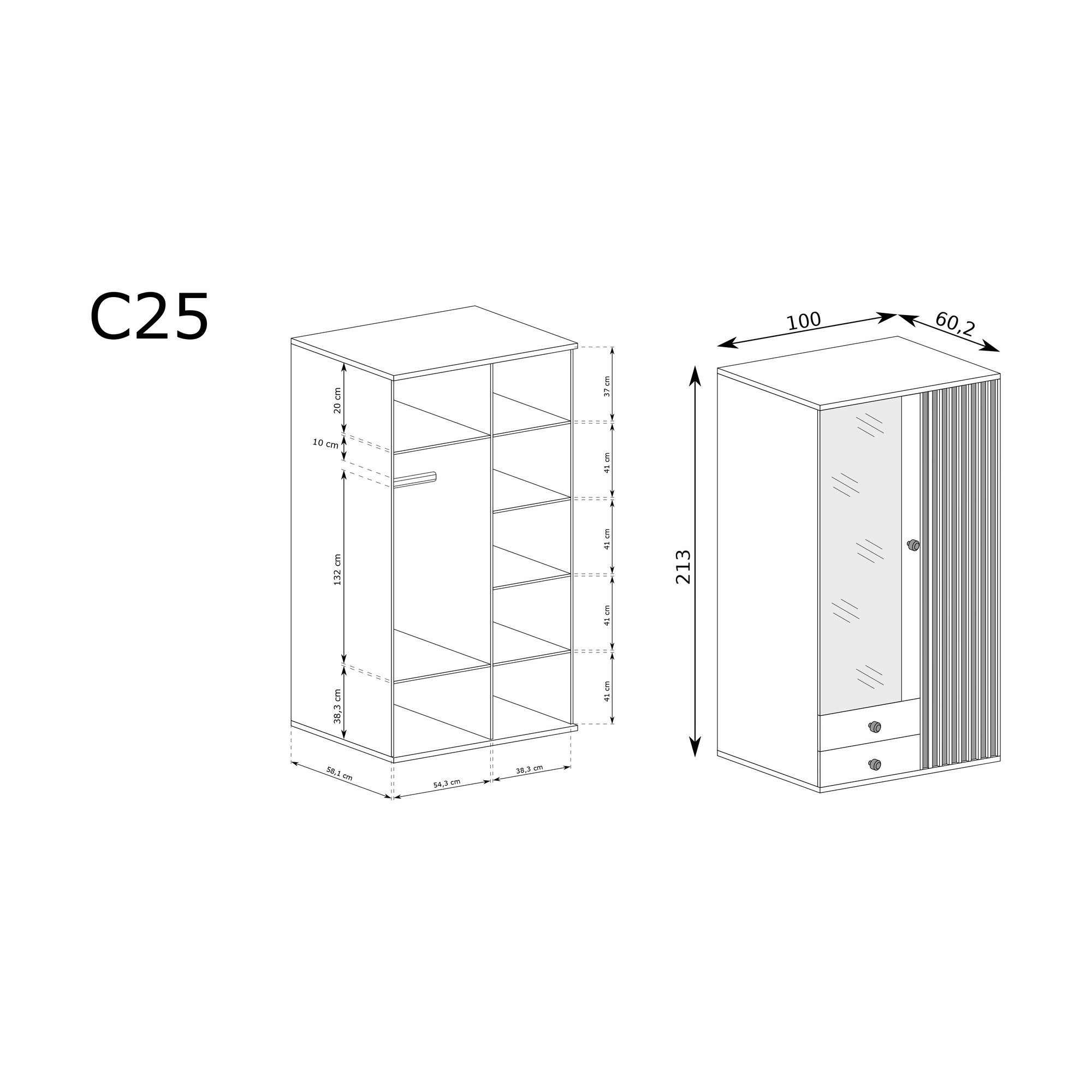Raumhirsch Furniture Kleiderschrank Garderobenschrank, Schrank mit Spiegel, Drehtürenschrank (Maße: 100 x 60 x 213 cm (Loft-Design, Lamellenfront) 2 Schubladen, Artisan-Eiche Optik, Metallgriffe, ABS-Kanten