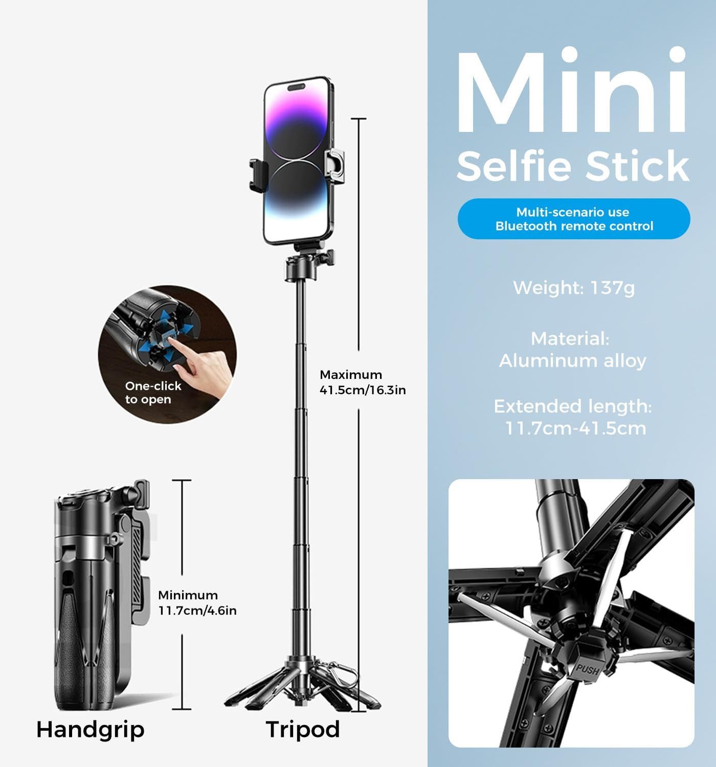 ibettertec Selfie-Stick 3 in 1 Bluetooth Selfie-Stick,Handyhalter mit Bluetooth Fernbedienung, Klappbar,360° drehbar, höhenverstellbar,Wiederaufladbar,Tragbar