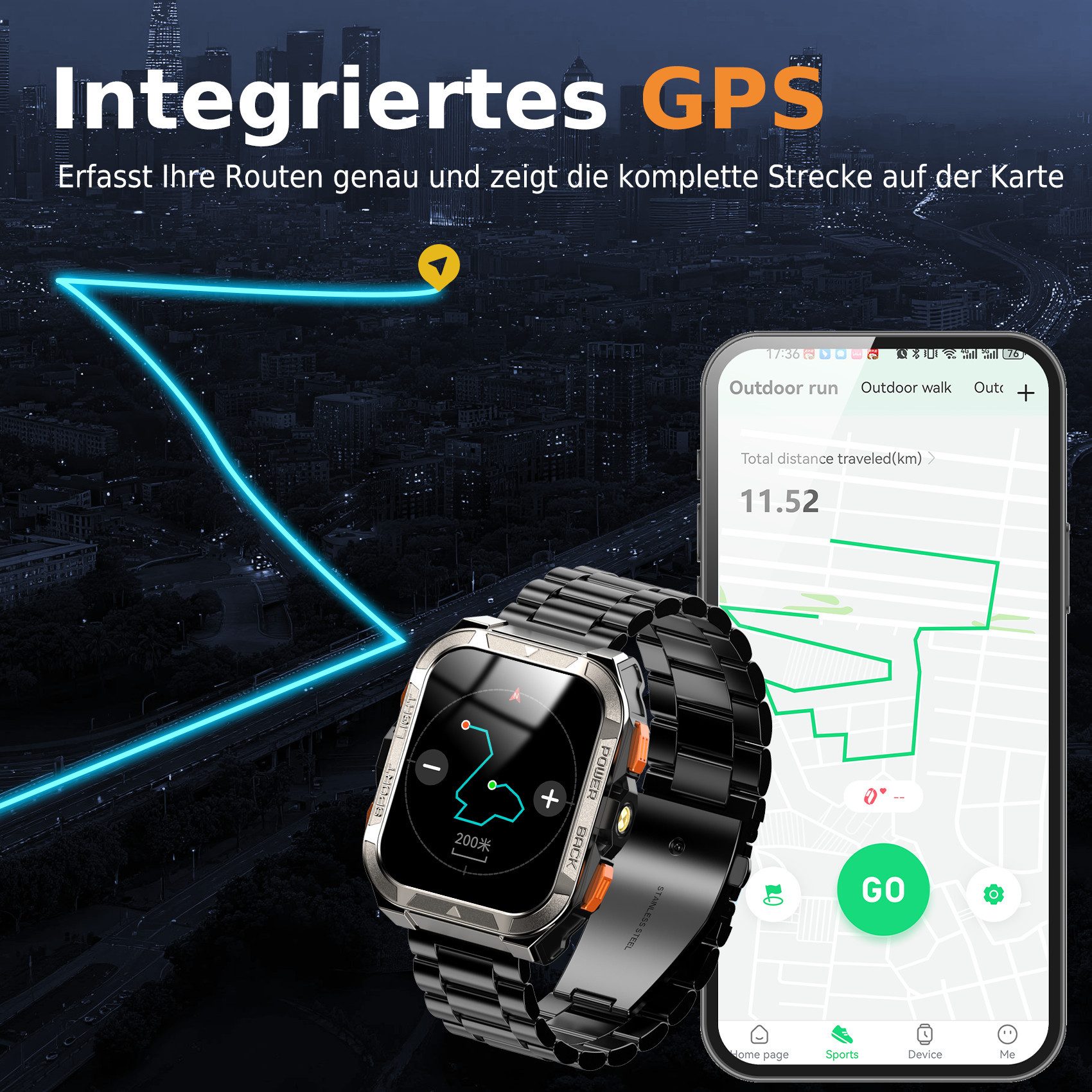 blackview GPS Herren-Smartwatch 2026 mit Taschenlampe & Kompass, Bluetooth-Anrufe Smartwatch (1.91 Zoll, IOS/Android), 1-tlg., 2×Riemen (Silikonband + gewebtes Band) 1×magnetisches Ladekabel, Herzfrequenz-/SpO2-/Blutdruck, ChatGPT, Übersetzerfunktion, IP68