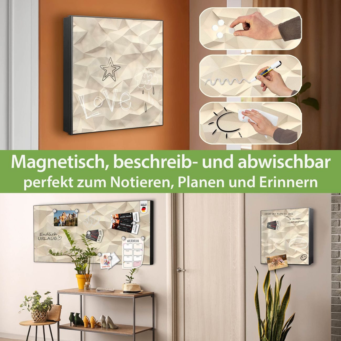 banjado Schlüsselkasten aus Metall mit Motiv Steinwand 2 (Stahl Gehäuse, mit 32 Haken, beschreibbar & magnetisch), 30 x 30 x 5 cm