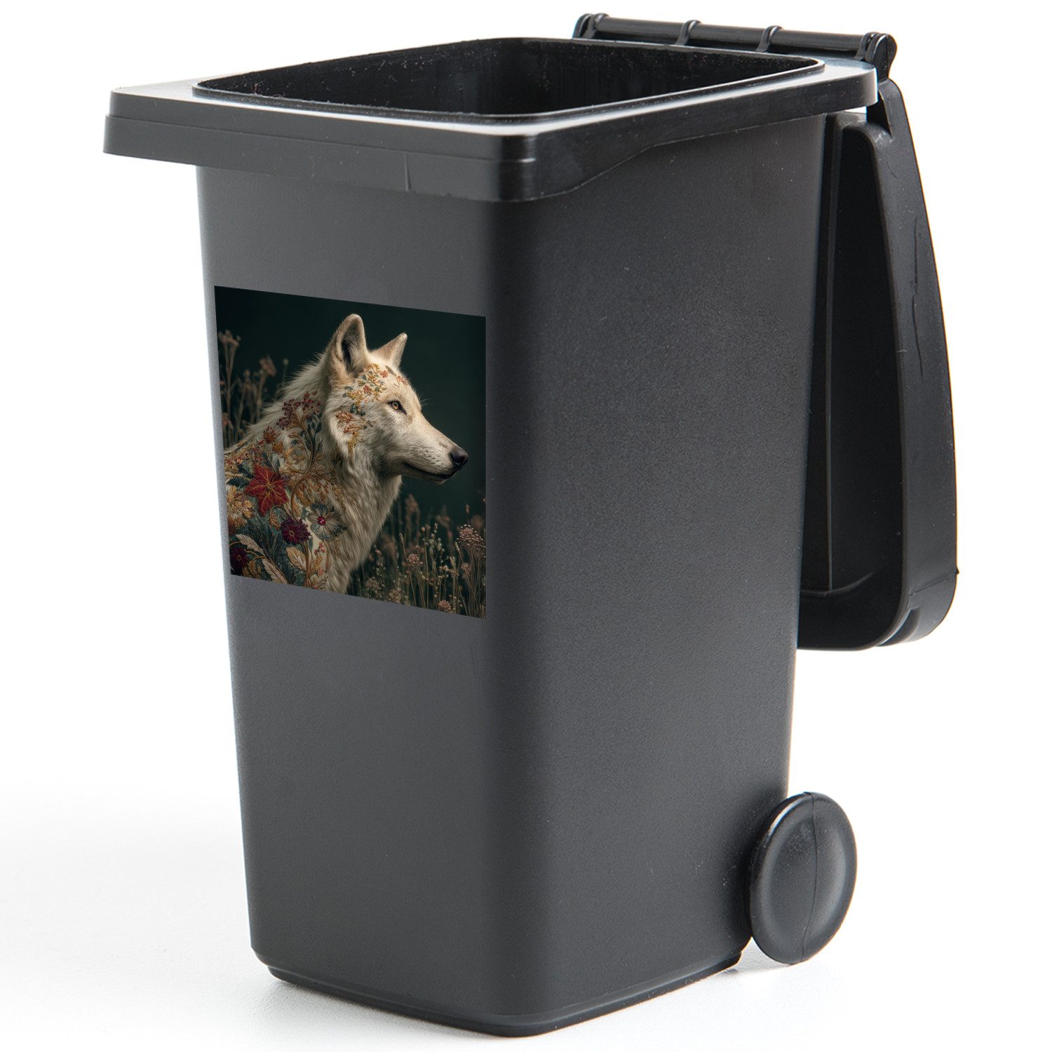 MuchoWow Wandsticker Wolf - Blumen - Natur (1 St), Mülltonnen-Aufkleber, Mülleimer, Mülltonne, Sticker, 40x40 cm