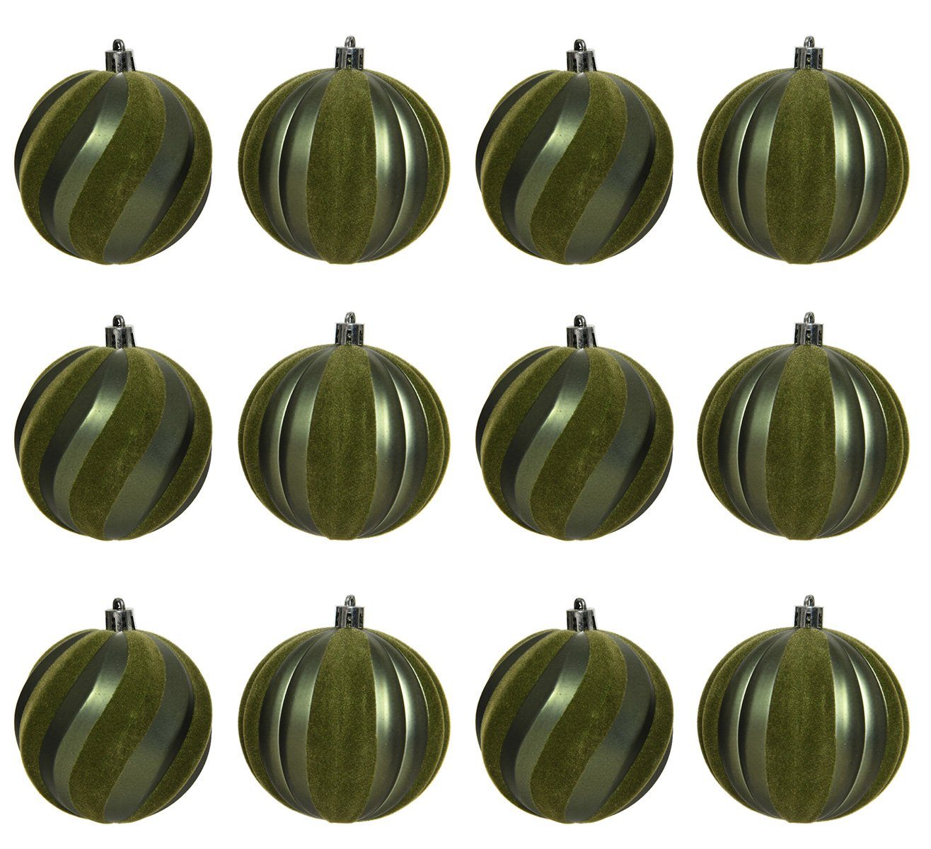 gerillt 8cm Weihnachtskugeln 12er Streifen Weihnachtsbaumkugel, season decorations Decoris Kunststoff - Moosgrün Set