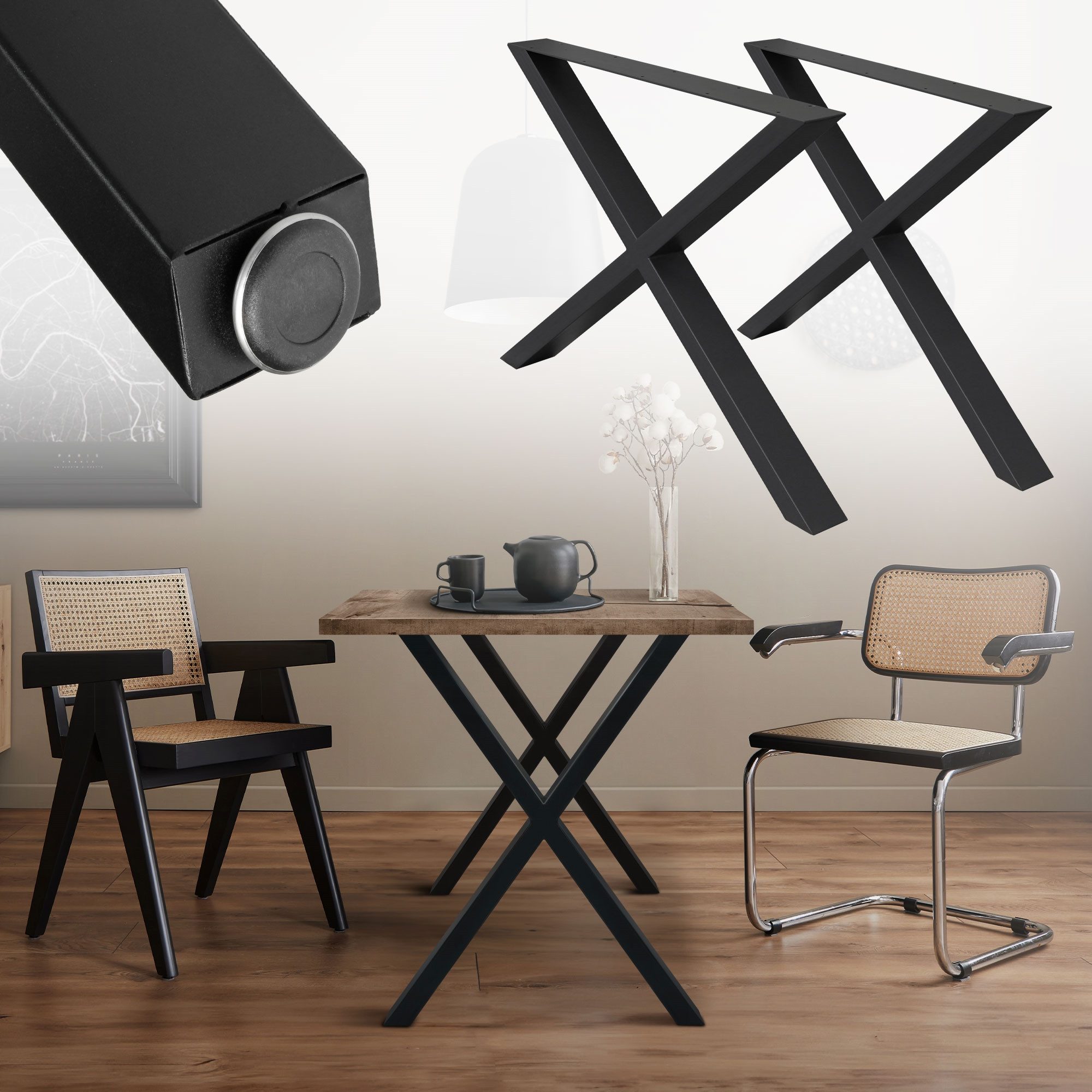 ECD Germany Tischbein 2x Tischbeine X-Design aus pulverbeschichtetem Stahl Industriedesign, Tischgestell Kreuzgestell 60x72 cm Metall Tischkufen Möbelfüße