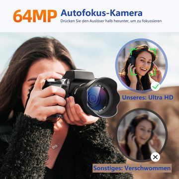 HT W5 Kompaktkamera (64 MP, WLAN (Wi-Fi), 4.0" Touchscreen fotokamera, Digitalkamera 4K mit 16x Digitalzoom)
