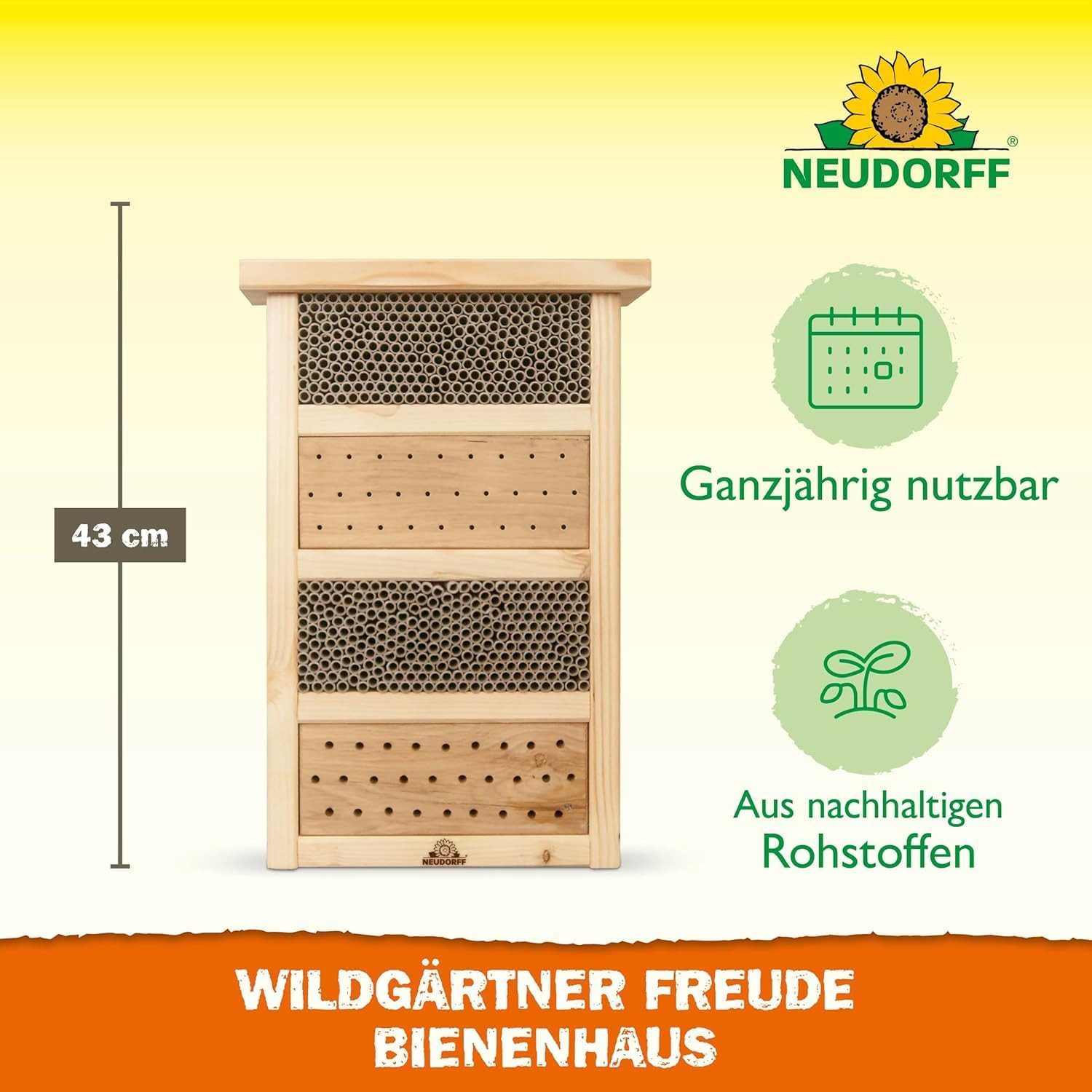 Neudorff Bienenkiste Wildgärtner Freude Bienenhaus – Handgefertigtes Bienenhotel., 1-tlg., Handgefertigtes Wildbienenhaus aus Buchenholz