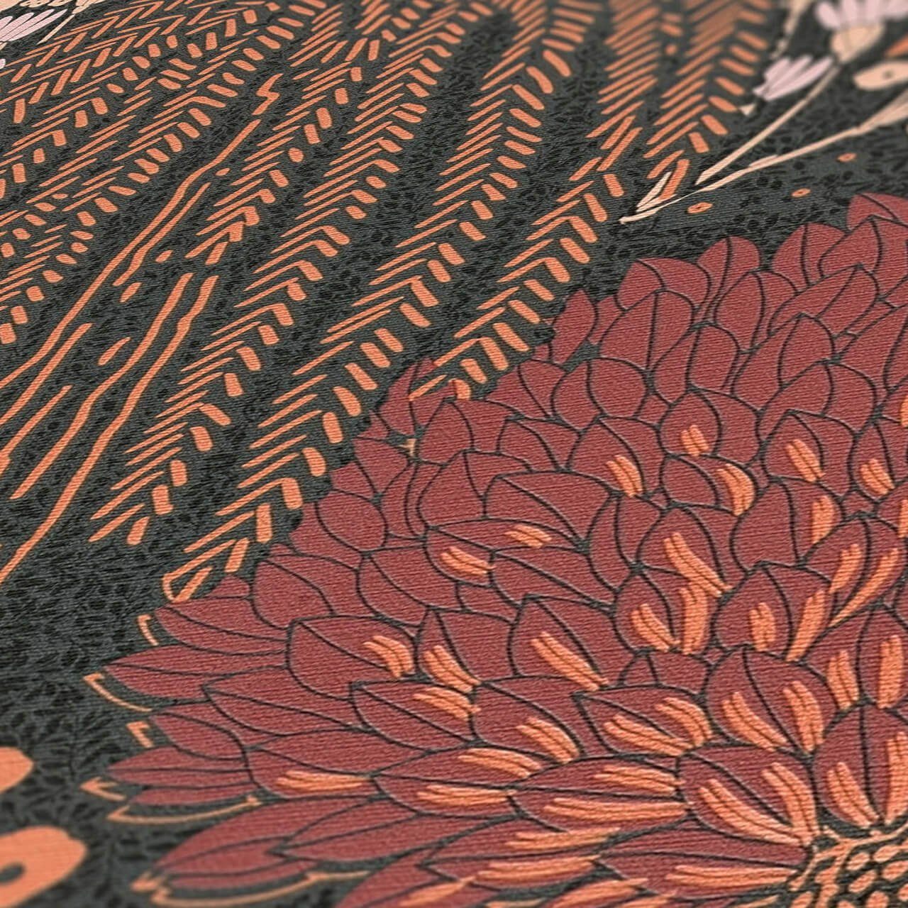 KUNSTLOFT Vliestapete Lush Hideaway matt, lichtbeständige m, 0.53x10.05 Tapete orange, Design schwarz