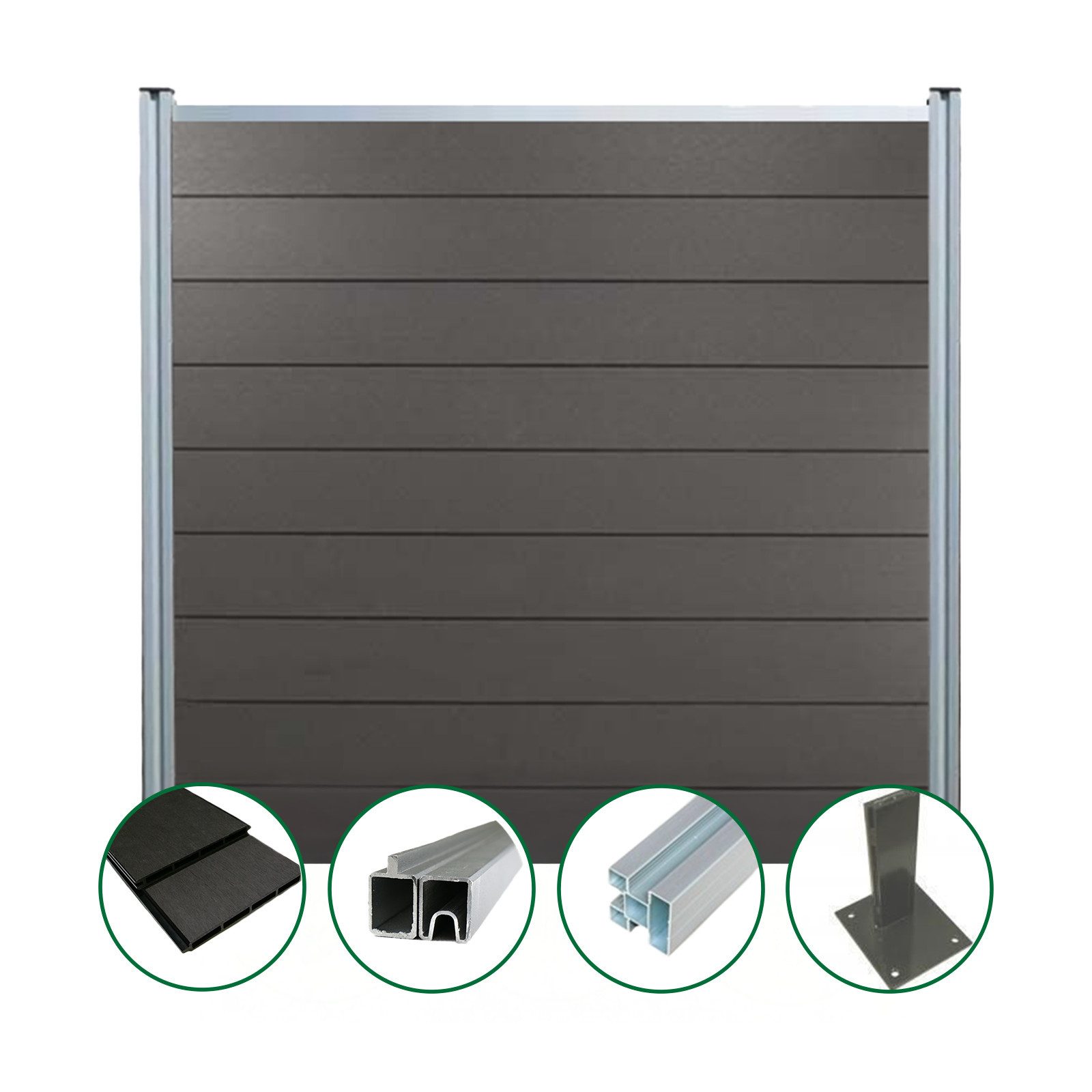 Woodstore24 Zaun WPC Sichtschutzzaun Gartenzaun Steckzaun Komplettset zum Aufdübeln, (silber Pfosten, Sichtschutz - 1,85m Breit x 1,80m Höhe x 2cm Stärke, Lamellenzaun Komplettset inkl. Alu-Pfosten, Pfostenträger, Profile), Pfostenträger, Alu-Pfosten 1,95 m, blickdicht, 185 x 180 cm, anthrazit