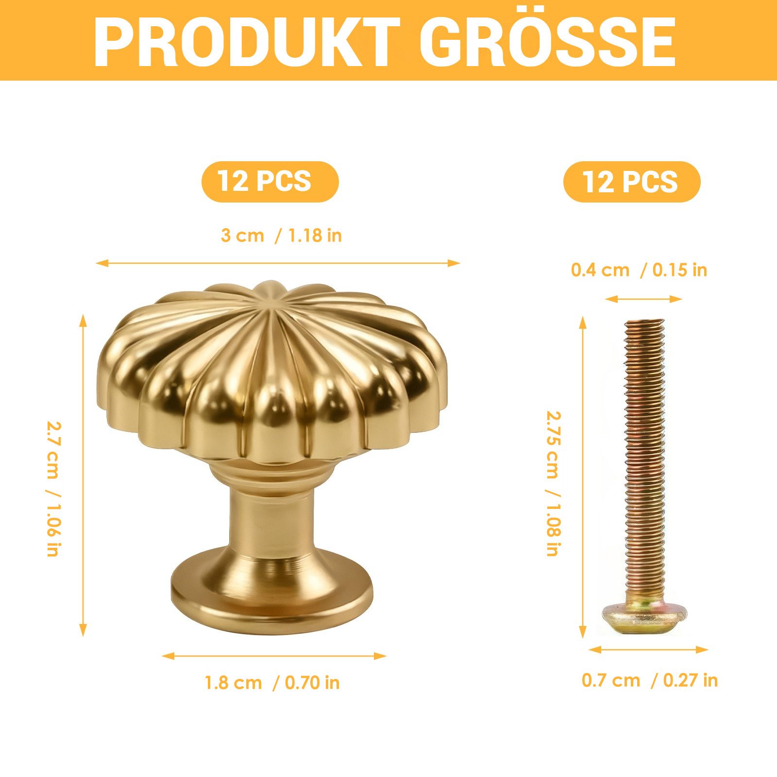 BlingBin Möbelknopf 12 Stück 30mm Kristall Türgriff, Schrankknöpfe Schubladenknöpfe (12 Stück, 12-St., 12pcs), Gebürstetes Gold Kommodenknöpfe Rund Modern Schlicht