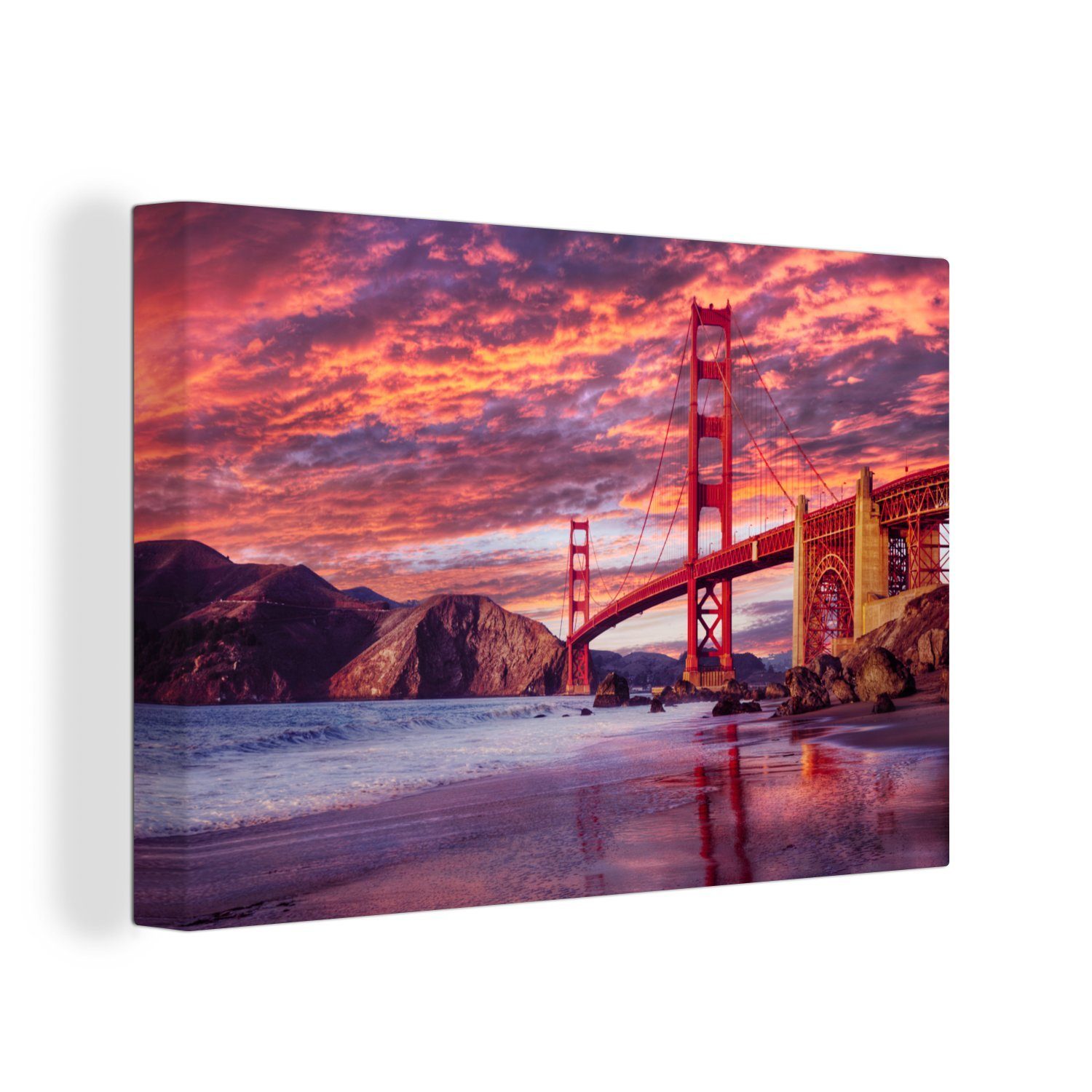 OneMillionCanvasses® Leinwandbild Die Golden Gate Bridge mit einem wunderschönen lila Himmel, (1 St), Wandbild Leinwandbilder, Aufhängefertig, Wanddeko, 30x20 cm