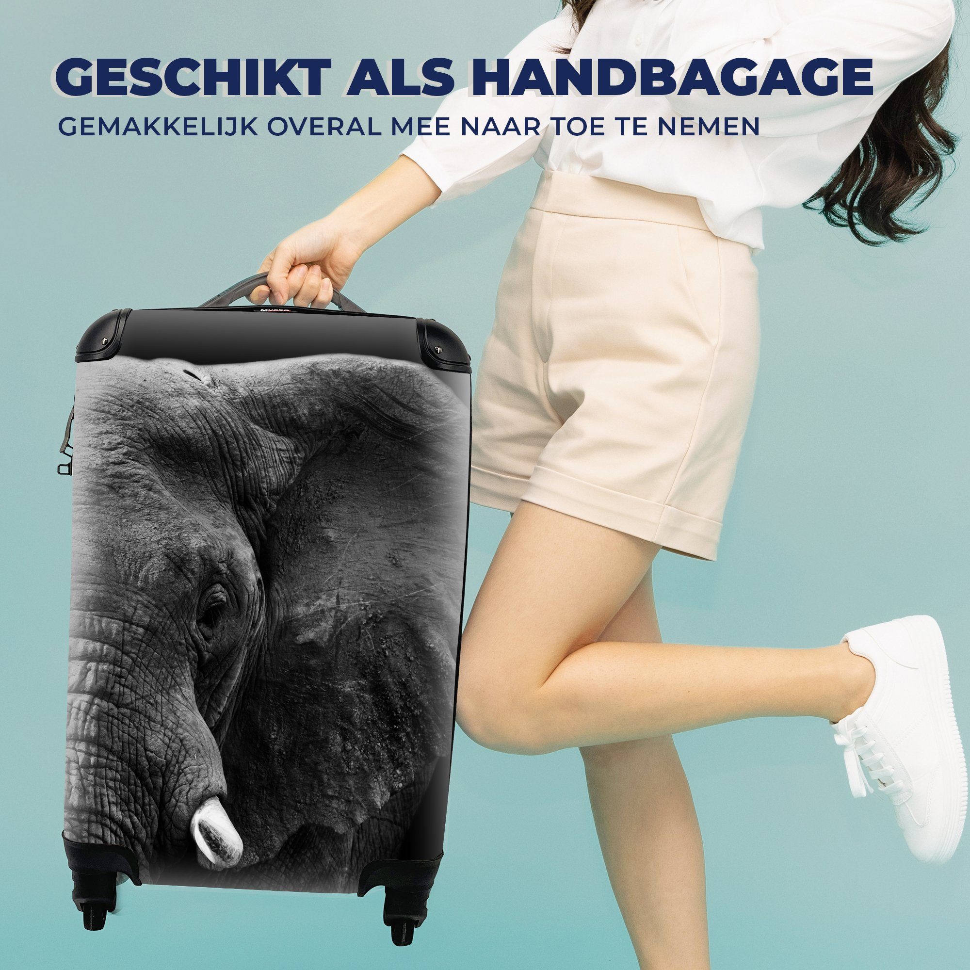 Trolley, - - Tiere - Rollen, Handgepäck Reisetasche Ferien, Weiß, Reisekoffer - 4 mit für Wild Handgepäckkoffer MuchoWow Schwarz Elefant rollen,