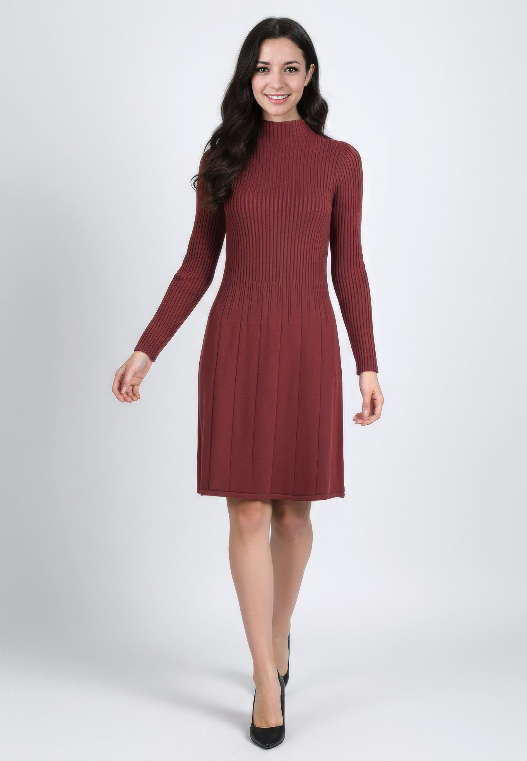 PEKIVESSA Strickkleid Rippstrick-Kleid tailliert mit ausgestelltem günstig online kaufen