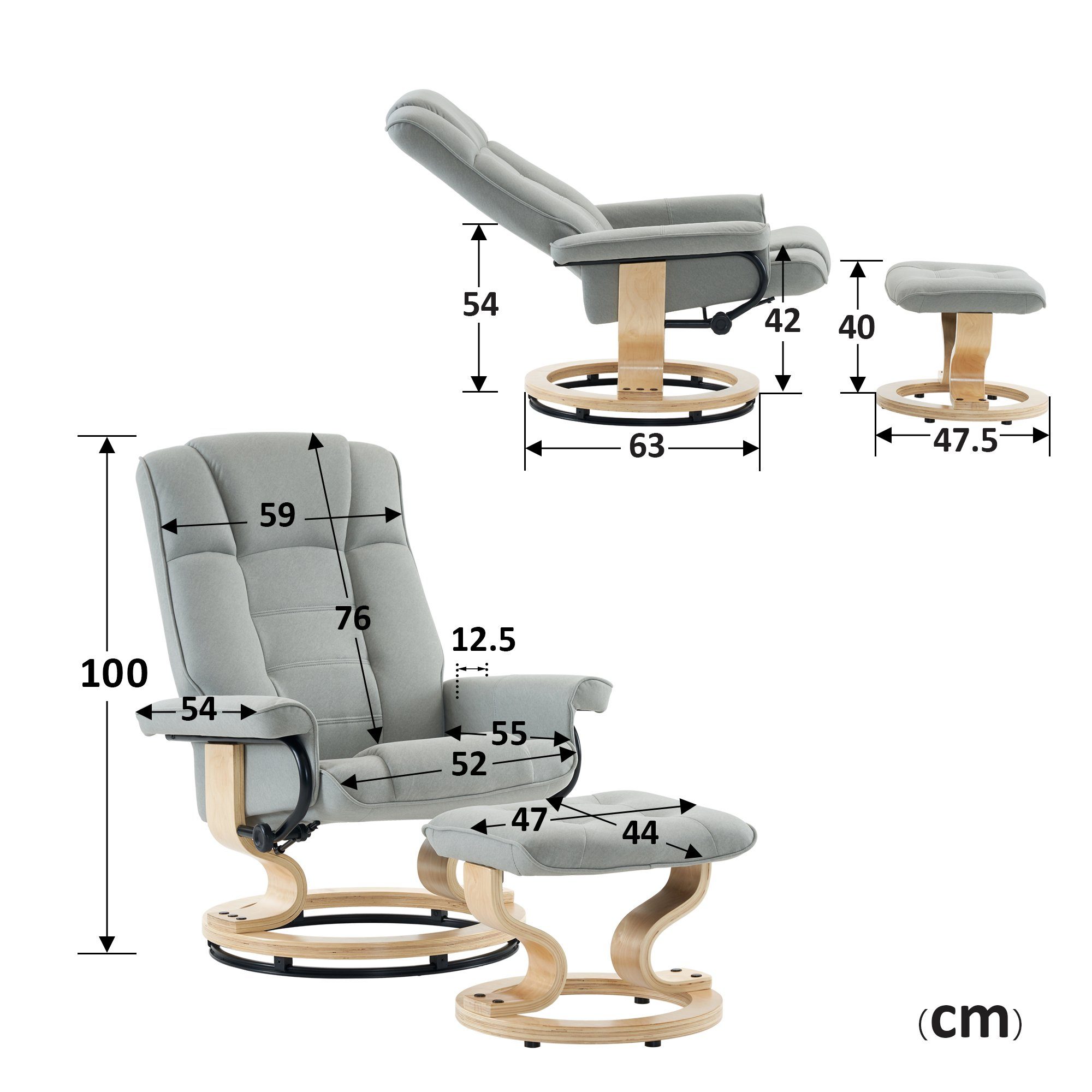 Fernsehsessel 9019, MCombo Liegefunktion, Relaxsessel TV-Sessel Hellgrau-Mikrofaser Hocker mit 360°drehbarer mit mit MCombo Hocker