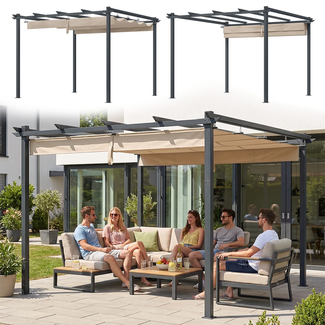 STEELSØN Pergola Xyriela freistehender Gartenpavillon mit Schiebedach, BxTxH: 295x295x215 cm, (3x3, anthrazit/macchiato), Terrassenüberdachung aus Stahl, Regen- & Sonnenschutz