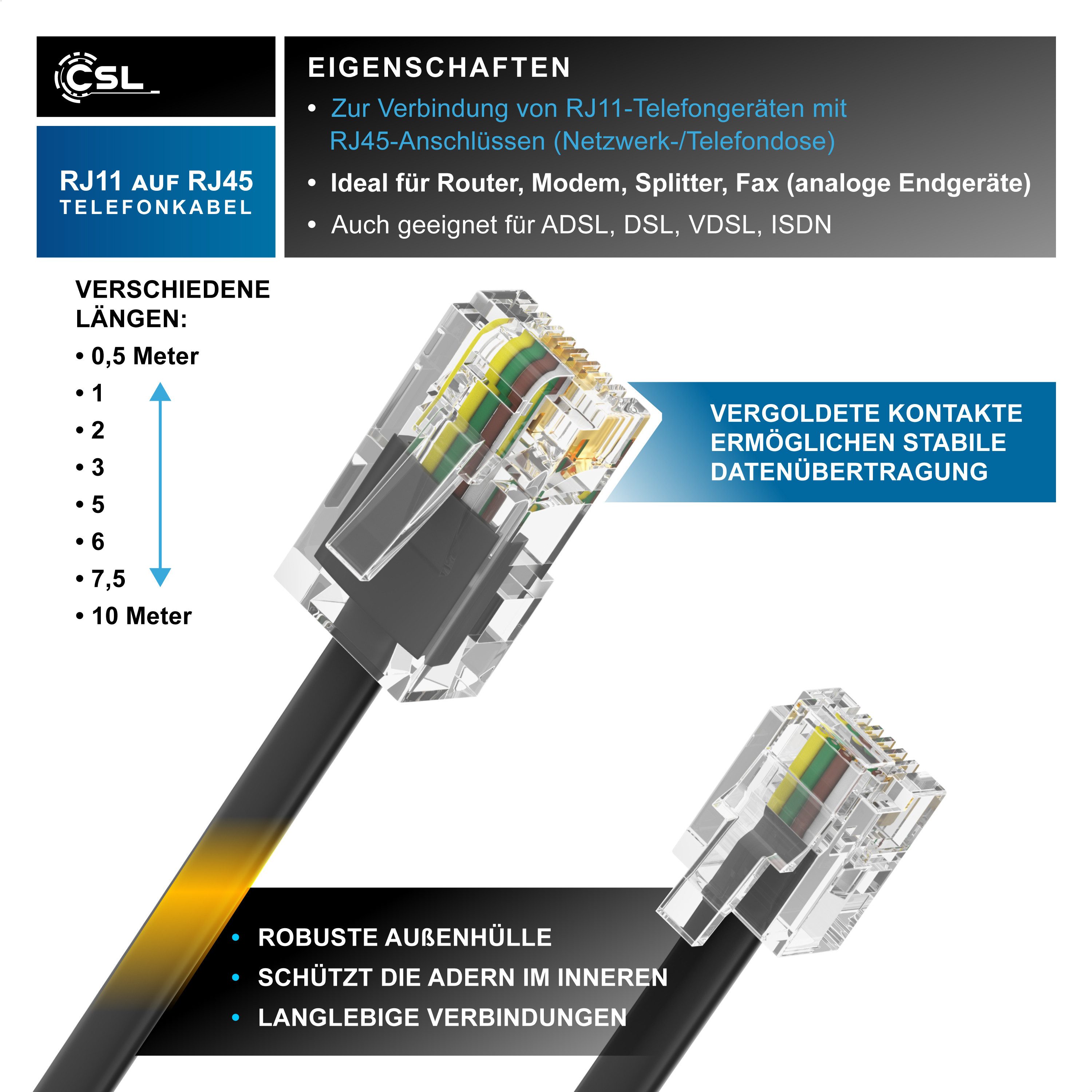 CSL Flachkabel RJ45 zu RJ11, Router zu Telefon Fax Anrufbeantworter 6 m Telefonkabel, RJ45, RJ-11 (600 cm), Modularkabel, Telefonanschlusskabel, Modem, DSL, VDSL, ISDN, flach
