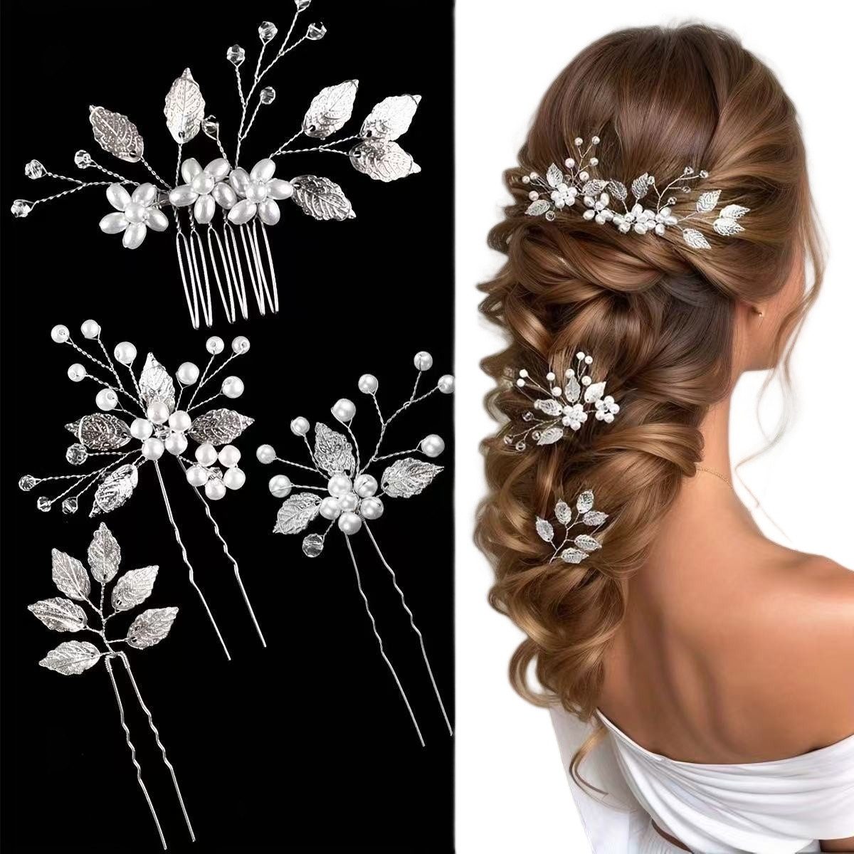 Zaewry Haarspange Braut-Haarspangen Blatt Haarclips Blumen-Design, Vintage-Haarschmuck, Mit Kristall- und Perlenverzierung, 4-tlg., für Braut, Brautjungfern, Frauen und Mädchen