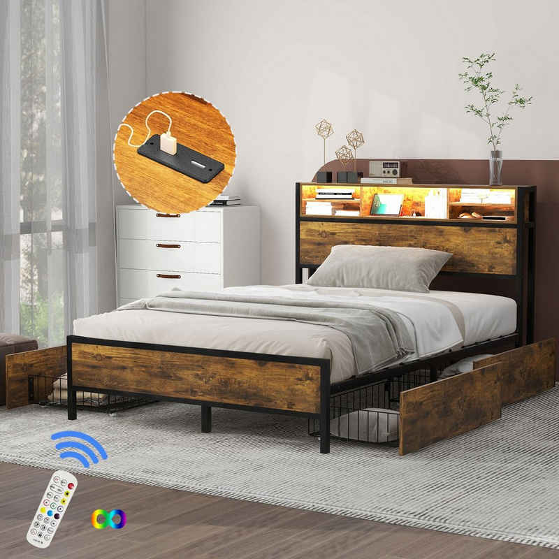 Flieks Holzbett, LED Beleuchtung Doppelbett mit 4 Schubladen USB-Ladefunktion 140x200cm