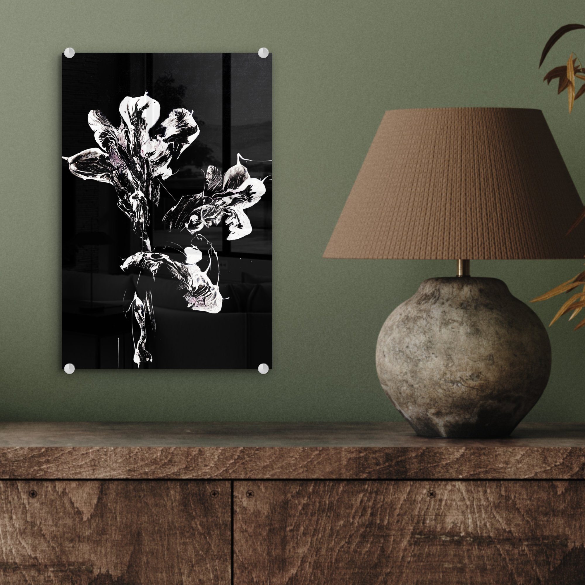 Bilder Glas - - Wanddekoration Foto Weiß, - Schwarz - St), Wandbild Farbe auf Glasbilder (1 auf - - Blumen Acrylglasbild MuchoWow Glas