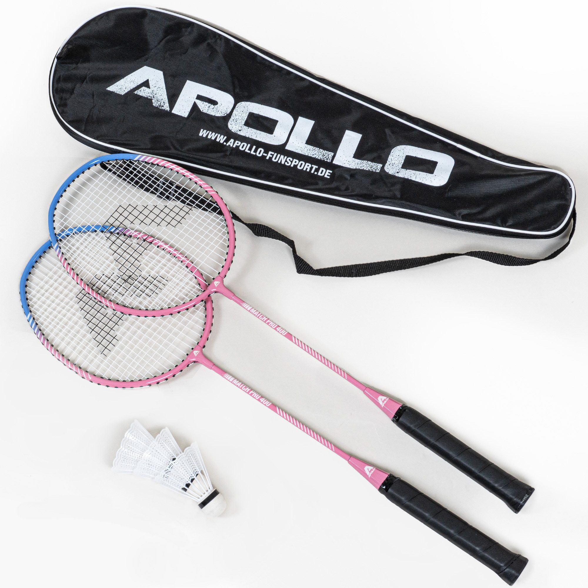 Apollo Badmintonschläger Badminton Set Match Pro 400 - 2x Badmintonschläger inkl. Bälle,Tasche, (mit Tasche, mit Bällen), Alu-Rahmen, verstärktes T-Stück, flexibler Schaft, Nylon-Bespannung