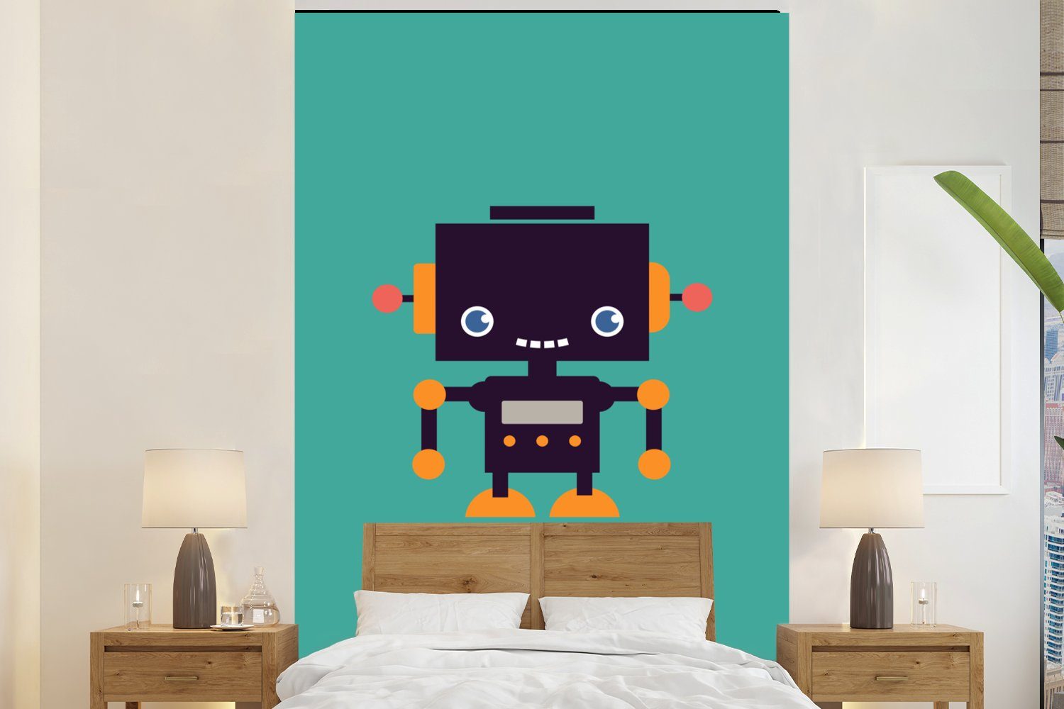 MuchoWow Fototapete Roboter - Gesicht - Antenne - Blau - Jungen, Matt, bedruckt, (3 St), Montagefertig Vinyl Tapete für Wohnzimmer, Wandtapete