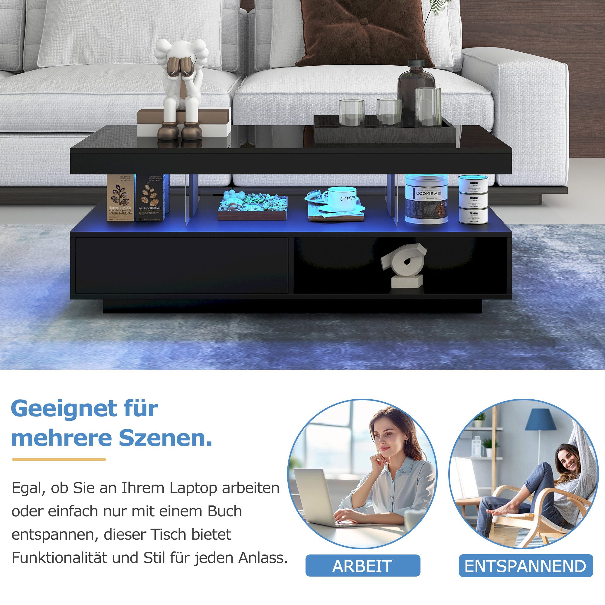 STILVORA Couchtisch Wohnzimmertisch Hochglanz-Beistelltisch Sofatisch mit Stauraum, schwarz (Beistelltisch mit 2 Schubladen, 1-St., mit LED-Beleuchtung und hochglänzender Tischplatte), Wohnzimmertisch mit Glastrennwände