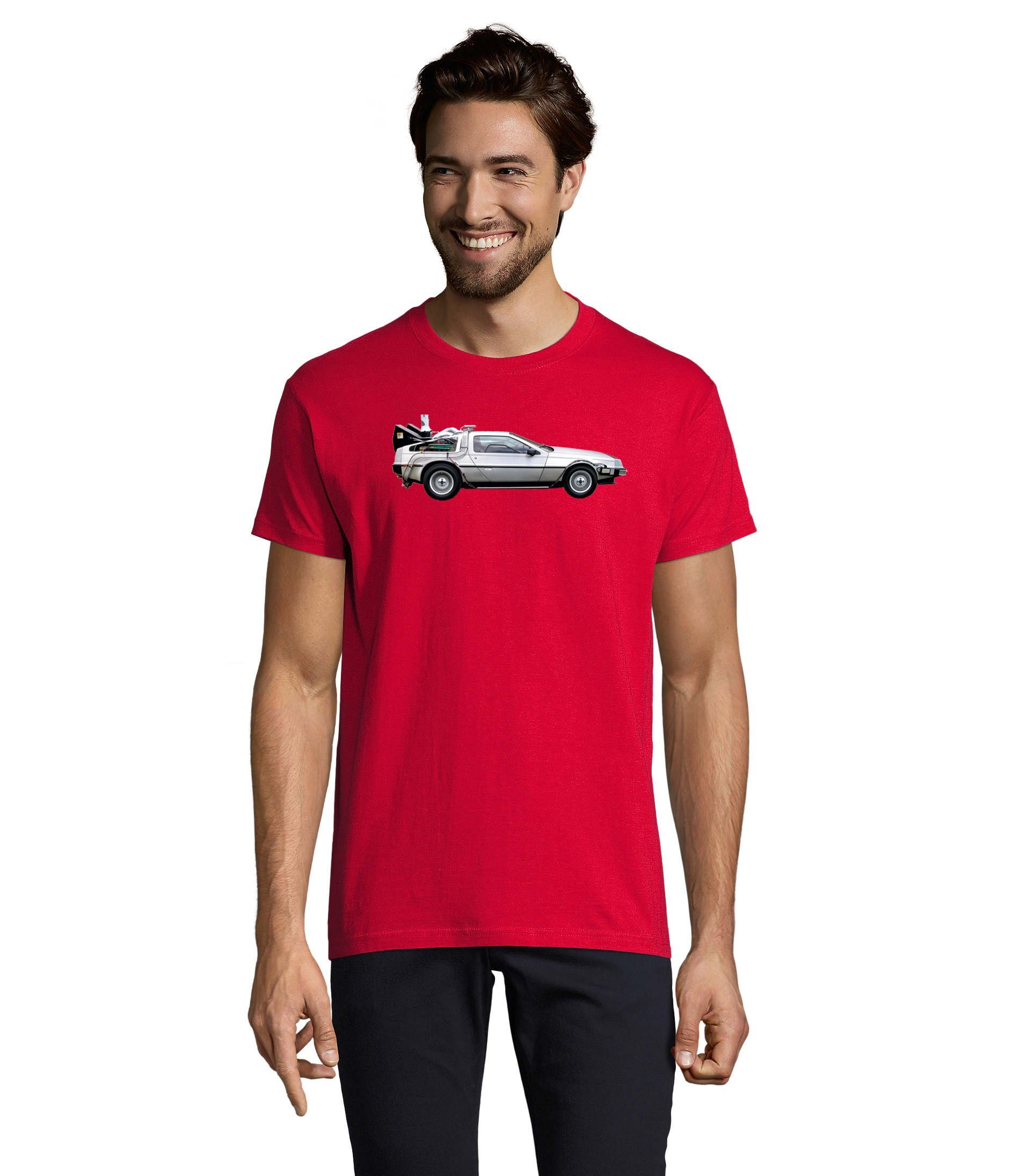 Blondie & Brownie T-Shirt Herren Delorean Auto Zukunftsreise Zukunft Zeitmaschine Rot