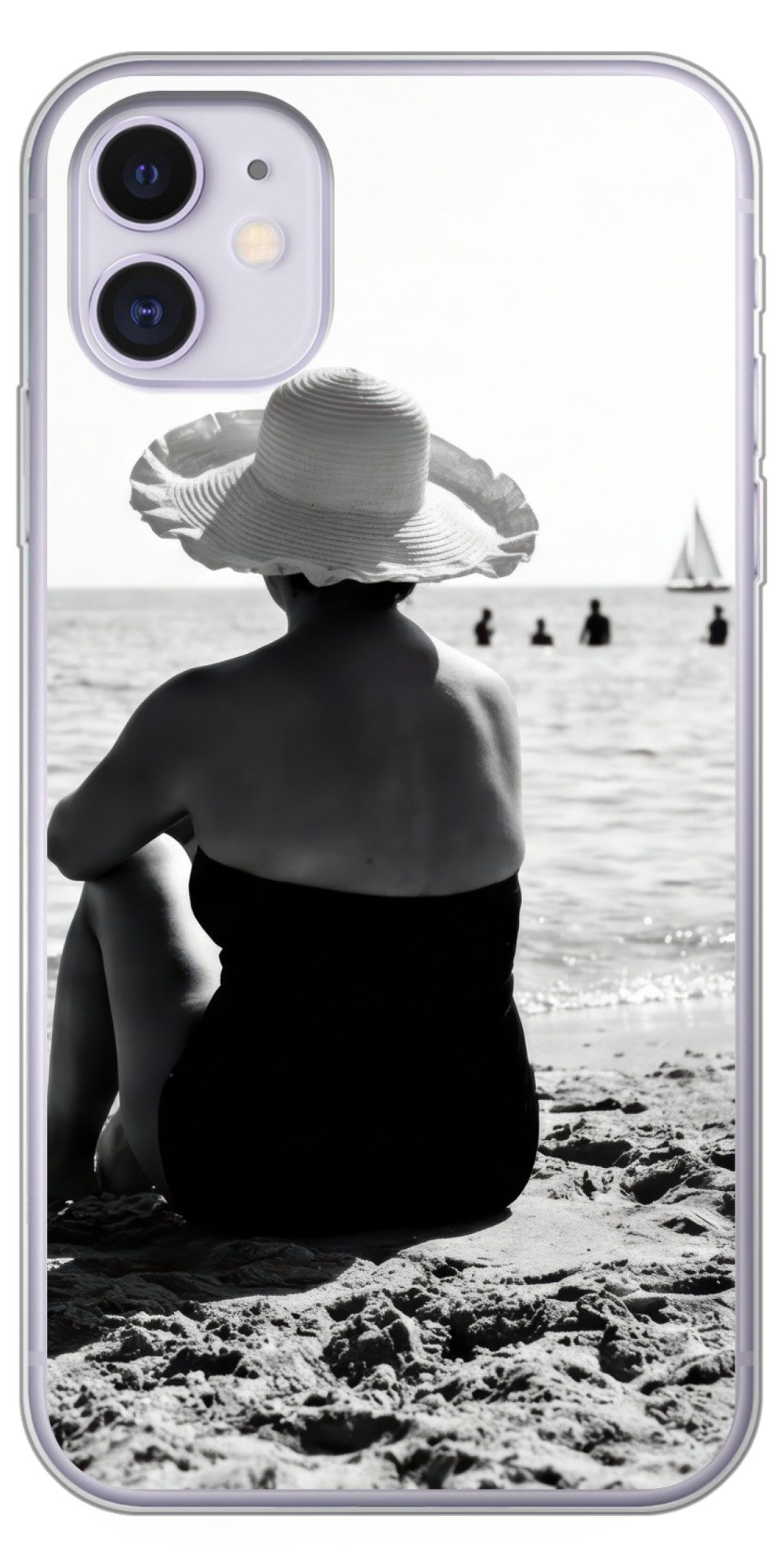 MuchoWow Handyhülle für Apple iPhone 11 Frauen - Sonnenhut - Strand - Schwarz - Weiß, Smartphone-Bumper, Print, Handy Schutzhülle Dünn