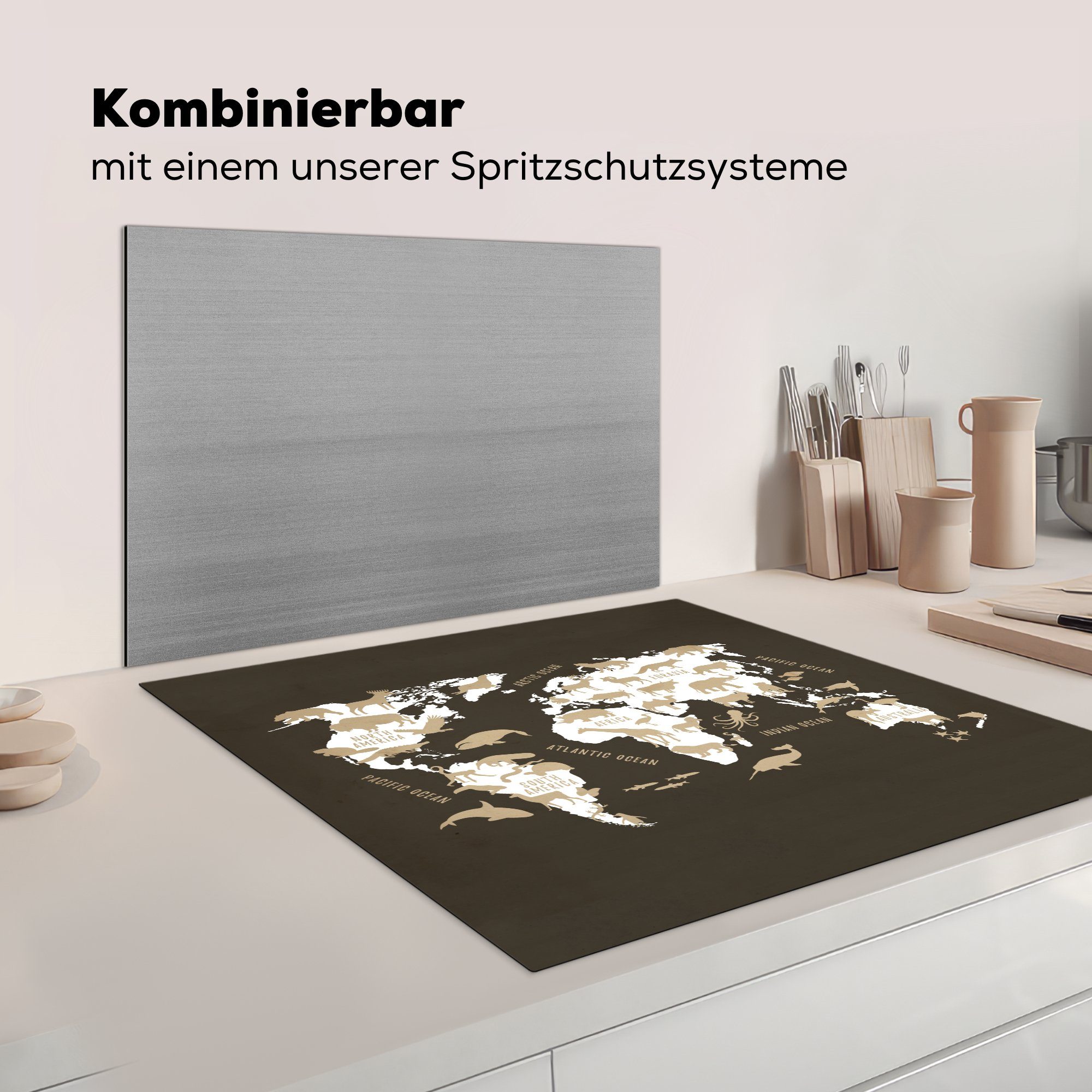 Tiere, Weltkarte - Herdblende-/Abdeckplatte Weiß 78x78 cm, tlg), küche für - Vinyl, (1 MuchoWow Arbeitsplatte Ceranfeldabdeckung,