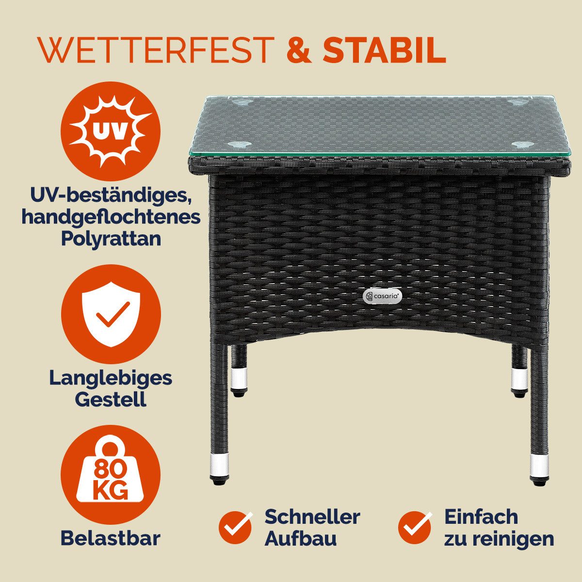 Casaria Beistelltisch, Polyrattan 50x50x45cm Höhenverstellbar 5mm Glasplatte Wetterfest