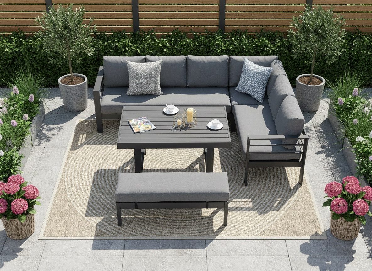 MeXo Gartenlounge-Set Gartenmöbel Set 6-8 Personen Aluminium Outdoor Wetterfest, (Ecklounge, 5-tlg., Belastbarkeit pro Sitzplatz 140kg), Lounge Gartenmöbelset mit großer Esstisch 130×80×67,5 cm