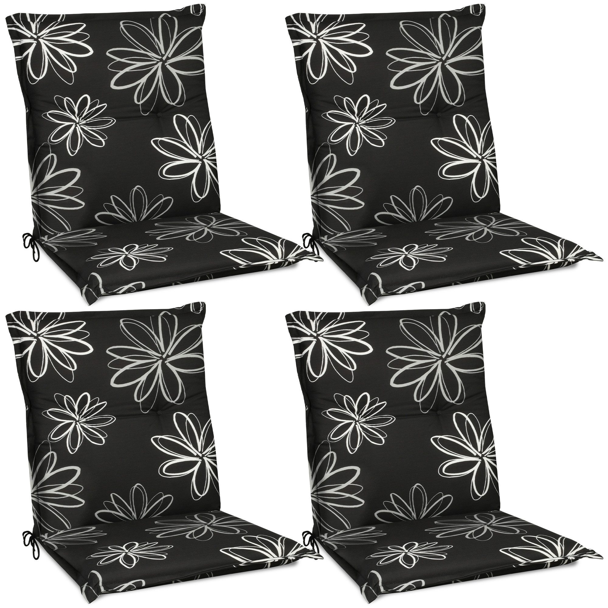 Beautissu Sitzauflage Flores Niedriglehner 4er 100x50 cm schwarz mit Blumen, Bequeme Gartenstuhl Stuhlkissen Polsterauflagen mit UV-Lichtecht