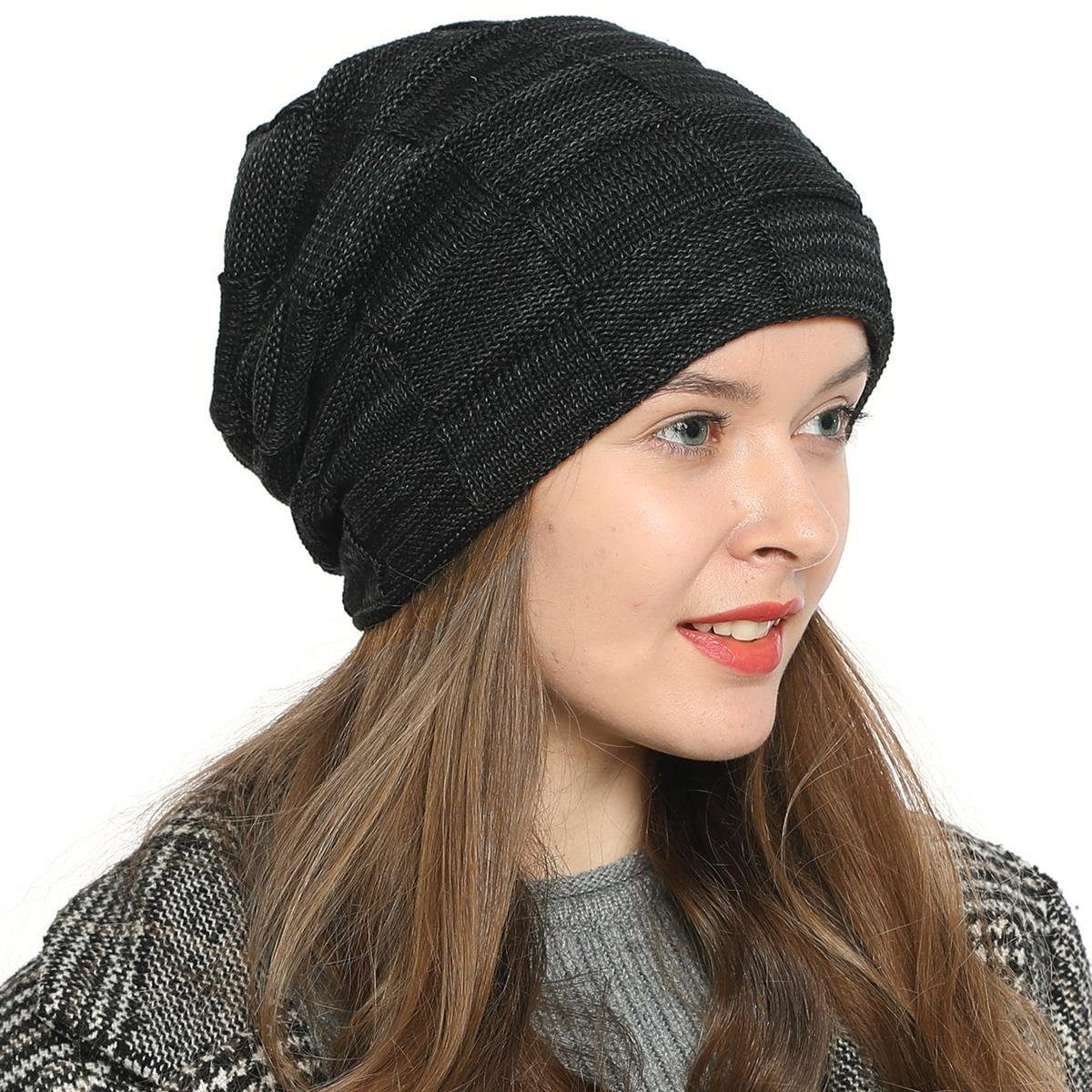 DonDon Beanie Damen warme Schlauchmütze Strickmütze (Packung, 1-St) Wintermütze, Beanie mit Flechtmuster und Teddyfleece schwarz-grau