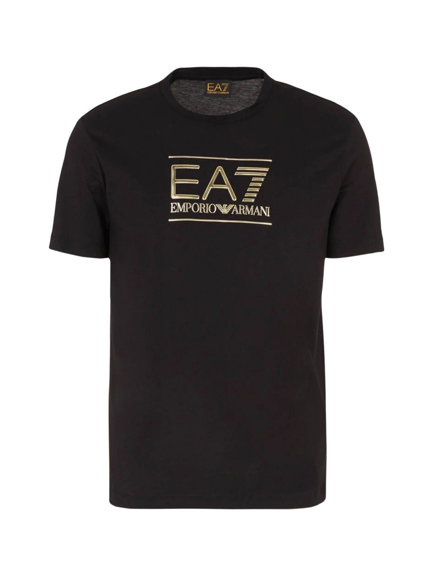 Emporio Armani T-Shirt Label schwarz Rundhalsausschnitt Shirt (1-tlg) mit Tee Gold