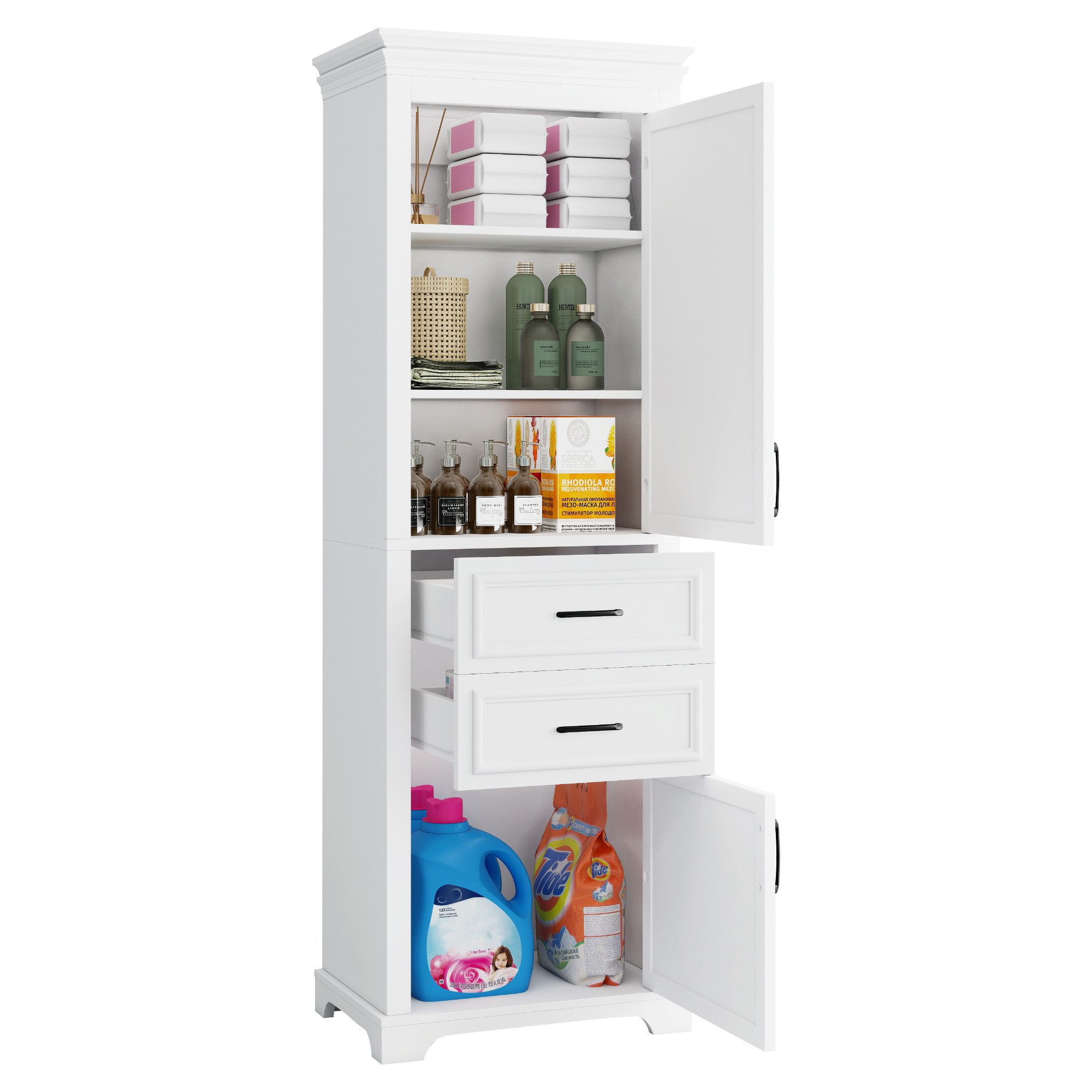 REDOM Hochschrank Badezimmerschrank (Badezimmer-Hochschrank mit 2 Schubladen Weiß, 1-St., 60 × 40 × 180 cm)