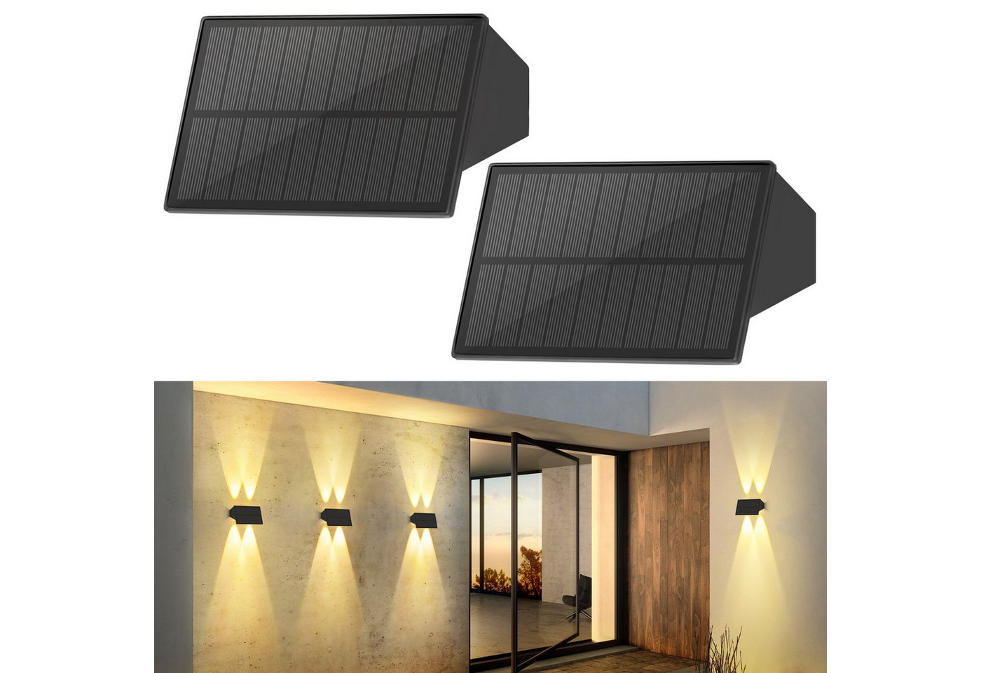 Nettlife LED Außen-Wandleuchte Solarbetrieben Set Up-Down-Strahl kabellose Außenbeleuchtung 3000K, LED fest integriert, Warmweiß, 1/2/4er Set warmweiß für Wand Zaun Terrasse Balkon