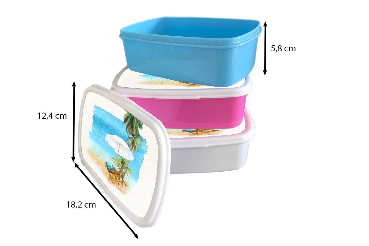 MuchoWow Lunchbox Erwachsene, Kunststoff, Kunststoff Brotbox Snackbox, rosa Sonnenschirm Mädchen, (2-tlg), Strandkorb - für Kinder, Wasserfarben, Brotdose - Palmen 
