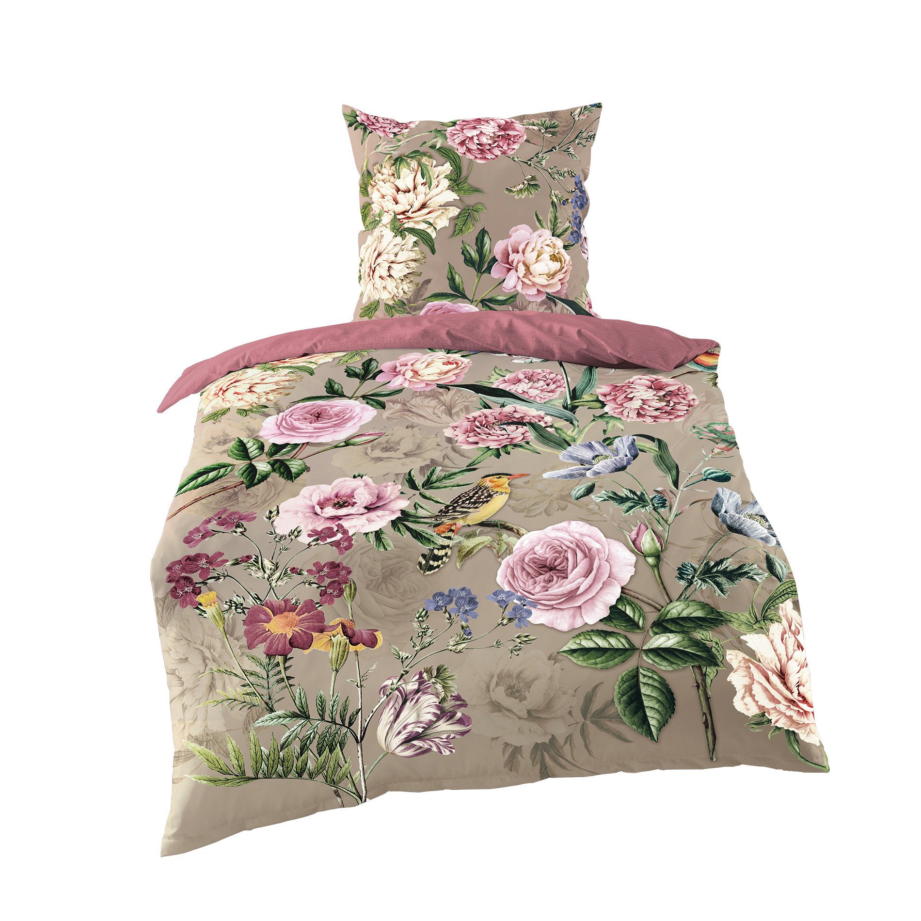 JACK Bettwäsche 135x200cm, Blumenparadies Taupe Rosa, Mako-Satin, 2 teilig, günstig online kaufen