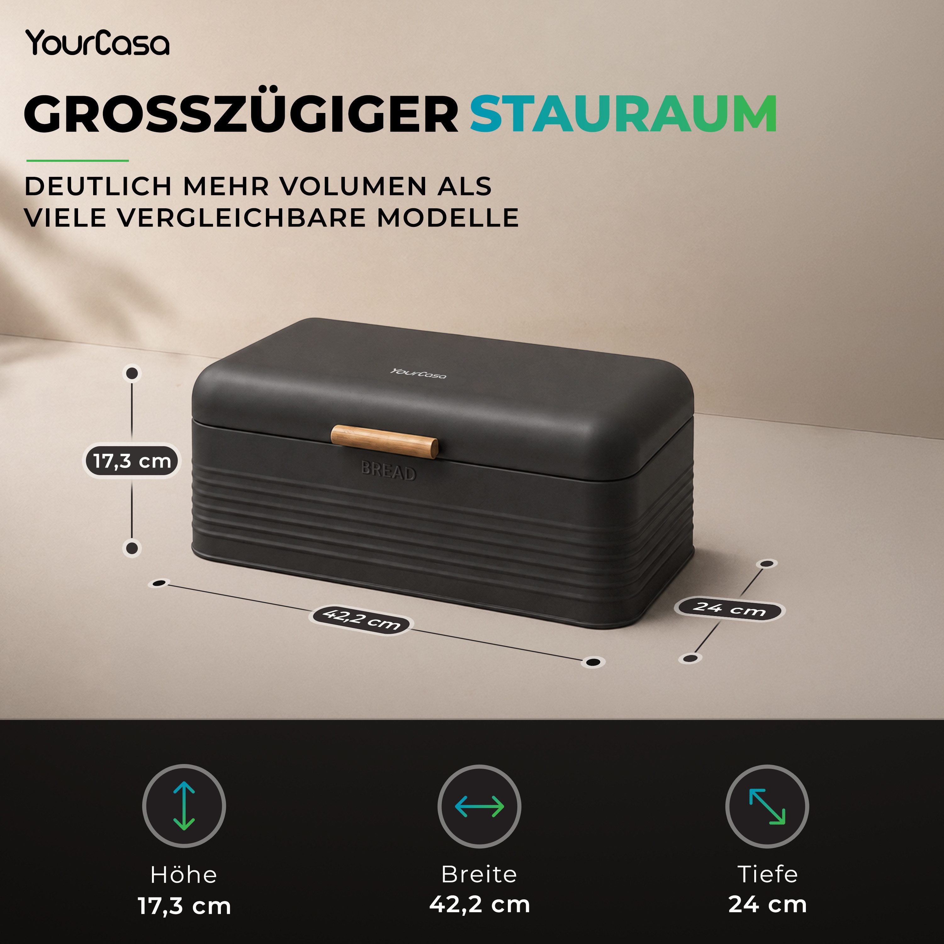 YourCasa Brotkasten YourCasa Skani Brotbox Metall Retro mit Bambus-Griff, Bambusgriff, retro Design, Pulverbeschichtetes Metall – Bild 5 von 5