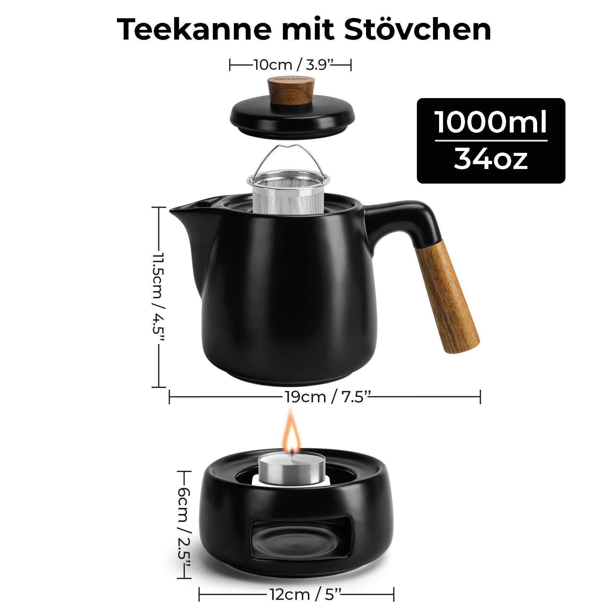 MiaMio Teeservice Teekanne mit Stövchen und Siebeinsatz, 1 l, Schwarz (3-tlg), Keramik, mit Stövchen und Siebeinsatz, 1 l