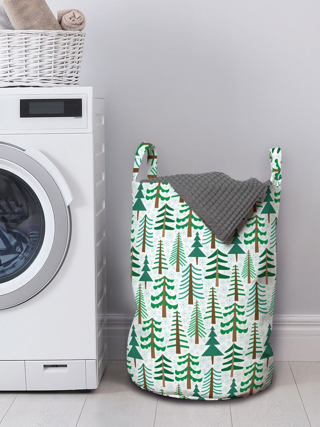 Abakuhaus Wäschesäckchen Wäschekorb mit Griffen für Winter Grünes Waschsalons, Kordelzugverschluss Weihnachten Kiefer Schnee